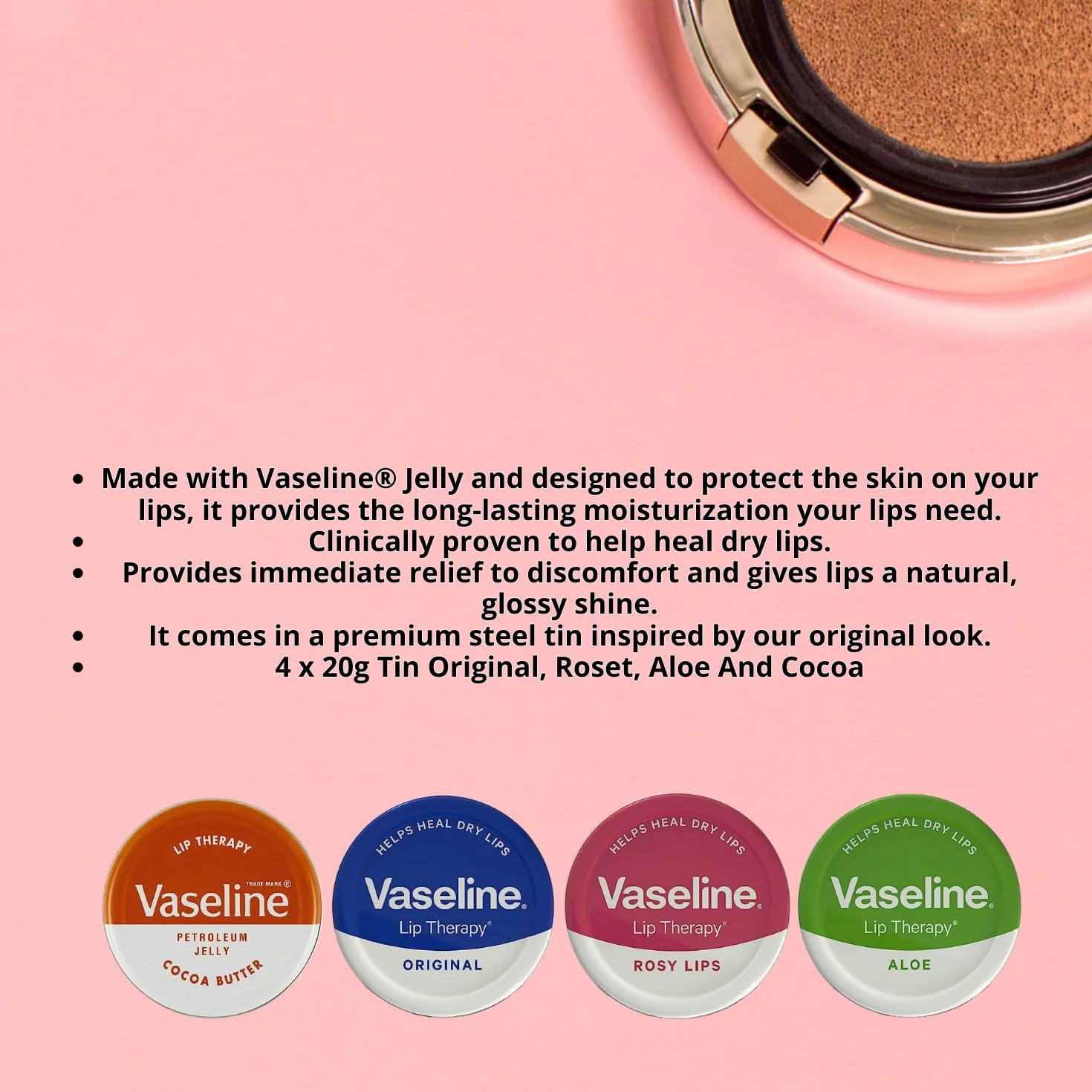 Vaseline Balsamo per labbra - Petroleum Jelly - Lip Therapy - Originale, burro di cocco, alo vera e rosata, latta da 20 g - lenisce le labbra secche - confezione da 4