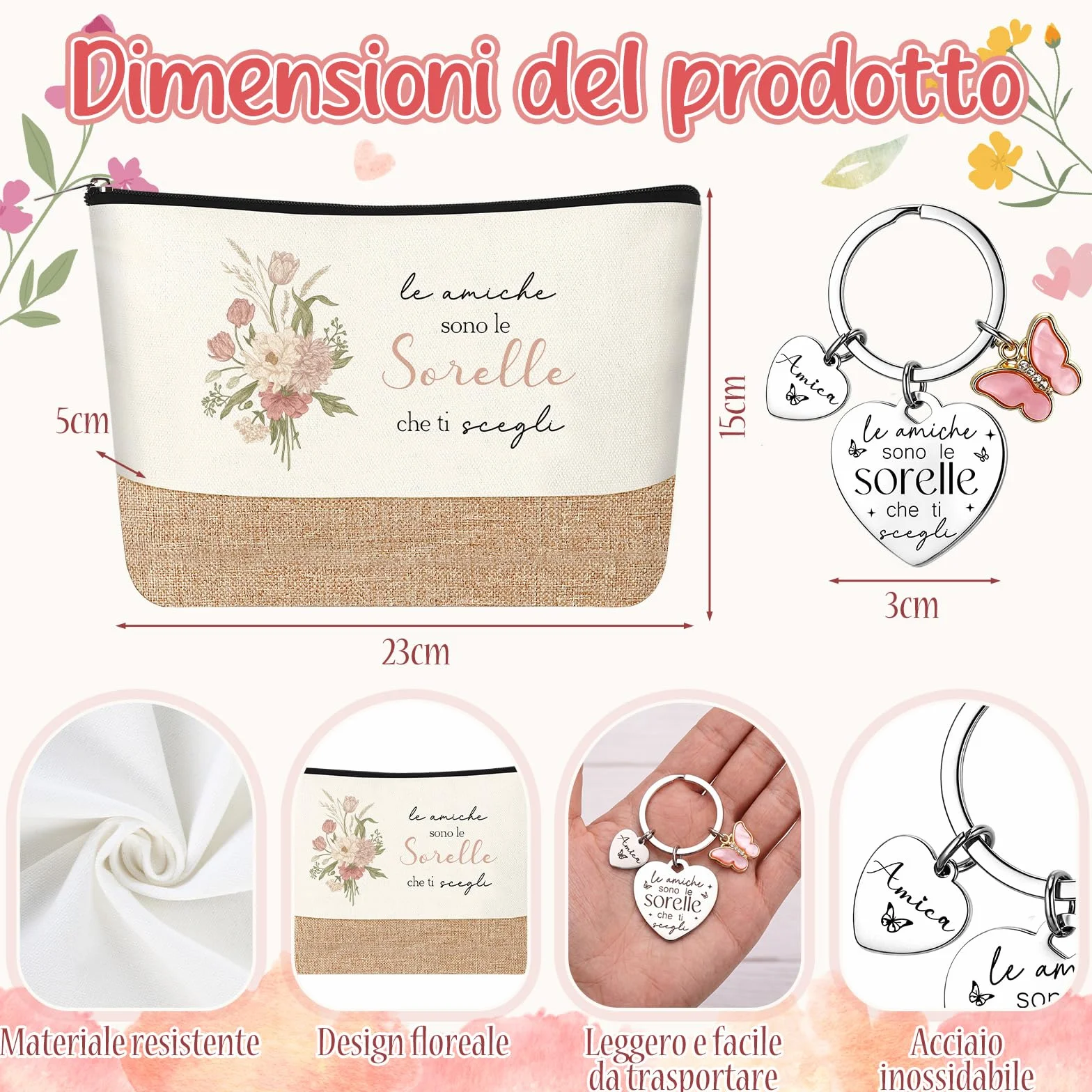 Jadive 3 Pezzi Set Regali da Fare alla Sorella Includere Pochette Cosmetica in Lino Patchwork Portachiavi Amicizia Penna a Sfera Legno per Donna Migliore Amica Compleanno Laurea Universitari Ufficio