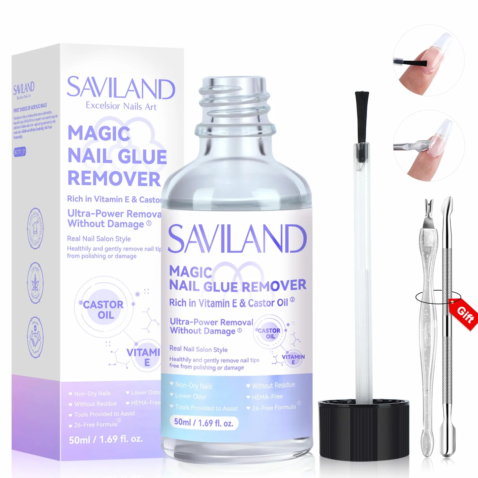 Saviland 50ml Rimuovi Colla per Unghie Finte: Capacità Elevata di Rimozione Felle Unghie False per Le punte Delle Unghie Finte di Ricino Vitamina E Colla per Unghie con Forcella Spingitrice Cuticola