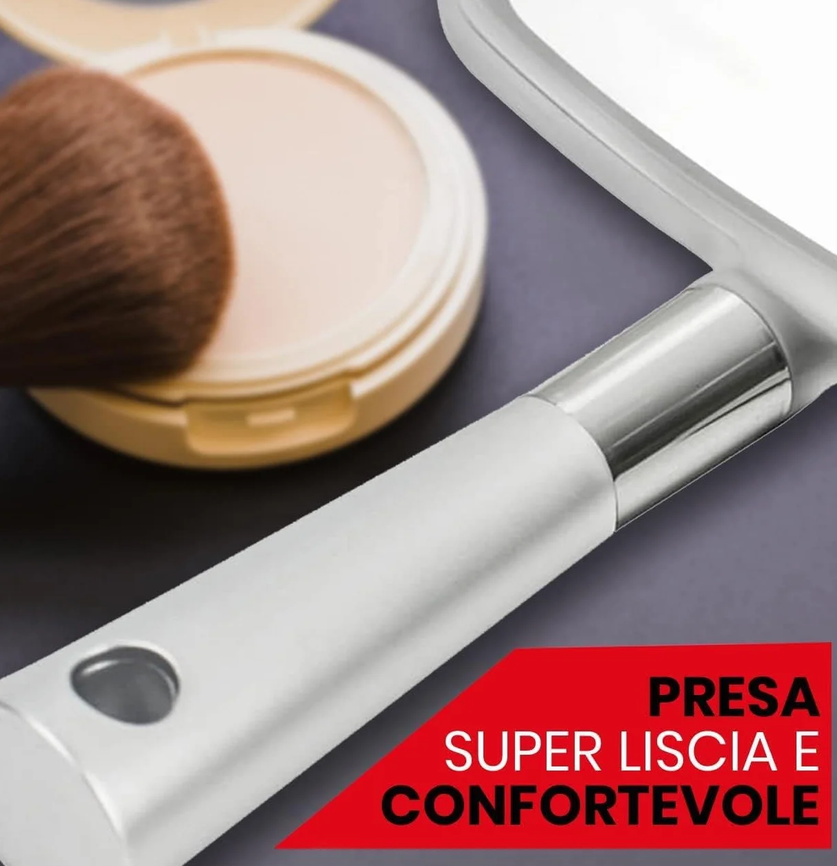 Specchio a mano portatile grande per trucco Mirrorvana con manico ergonomico argento