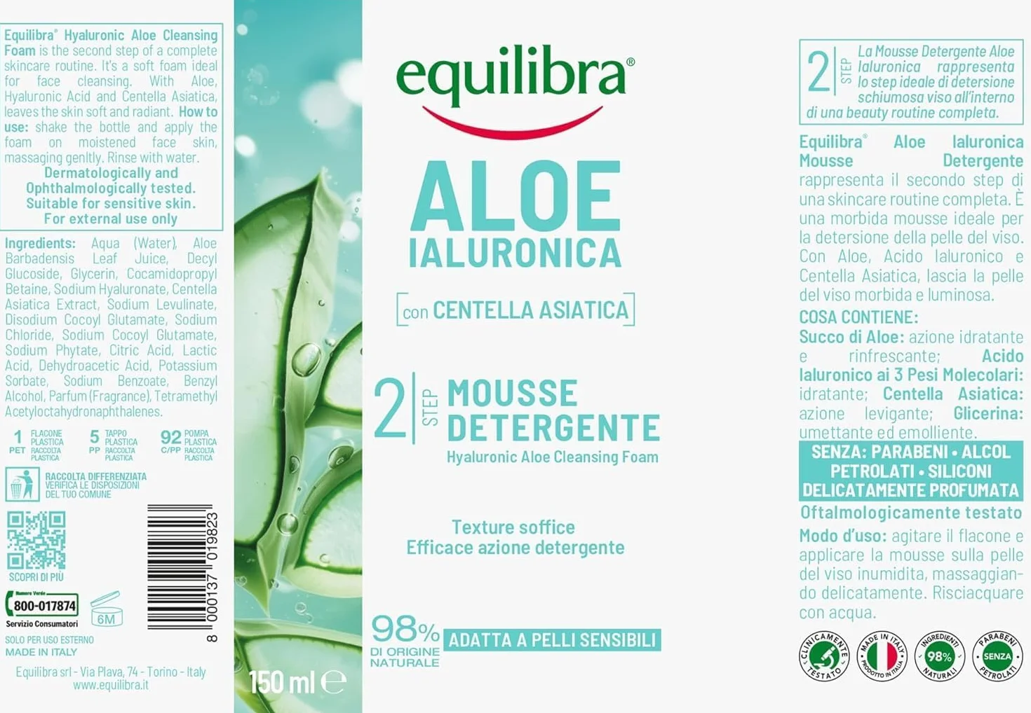 Equilibra Aloe Ialuronica Mousse Detergente Viso 150ml con Succo di Aloe e Acido Ialuronico per Pelli Sensibili