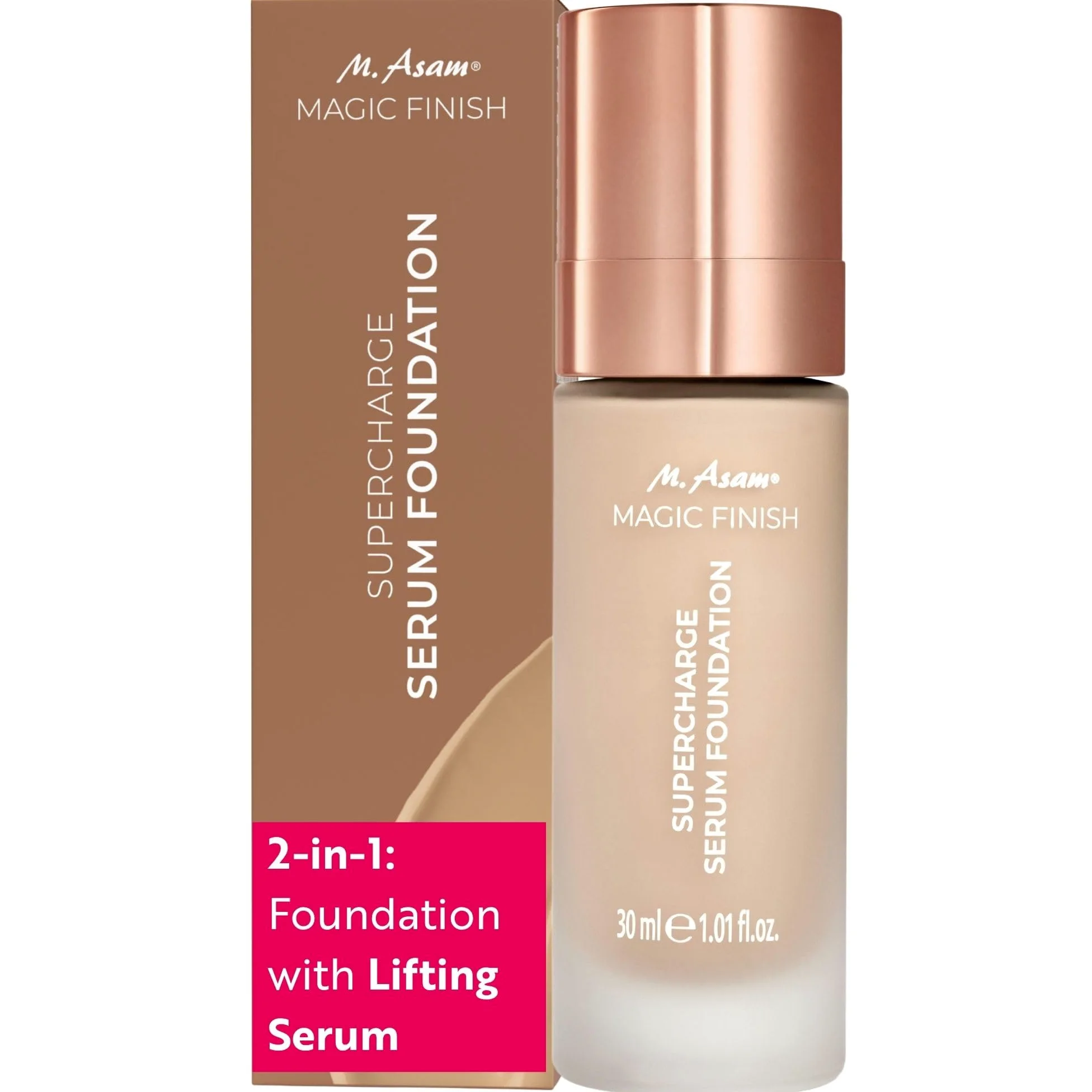 M. Asam Magic Finish Supercharge Serum Foundation Warm Sand (30 ml) | Fondotinta idratante e siero rassodante per il viso, trucco anti-età con acido ialuronico e copertura ottimale