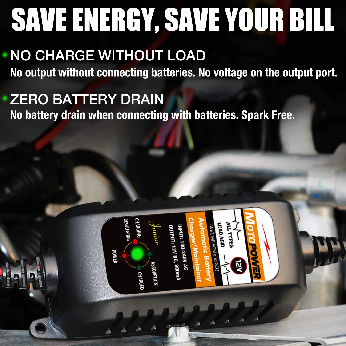 MOTOPOWER MP00205A 12V 800mA Caricabatterie Automatico per Auto Moto ATV
