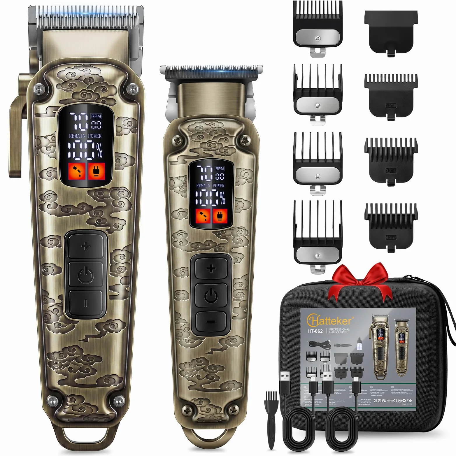 Hatteker Kit per tagliare i capelli da uomo, con lama a T, senza fili, display a LED, ricaricabile tramite USB (bronzo) | Kit per regolabarba con lama a T, tagliacapelli, kit per toelettatura senza fili, LED, ricaricabile tramite USB