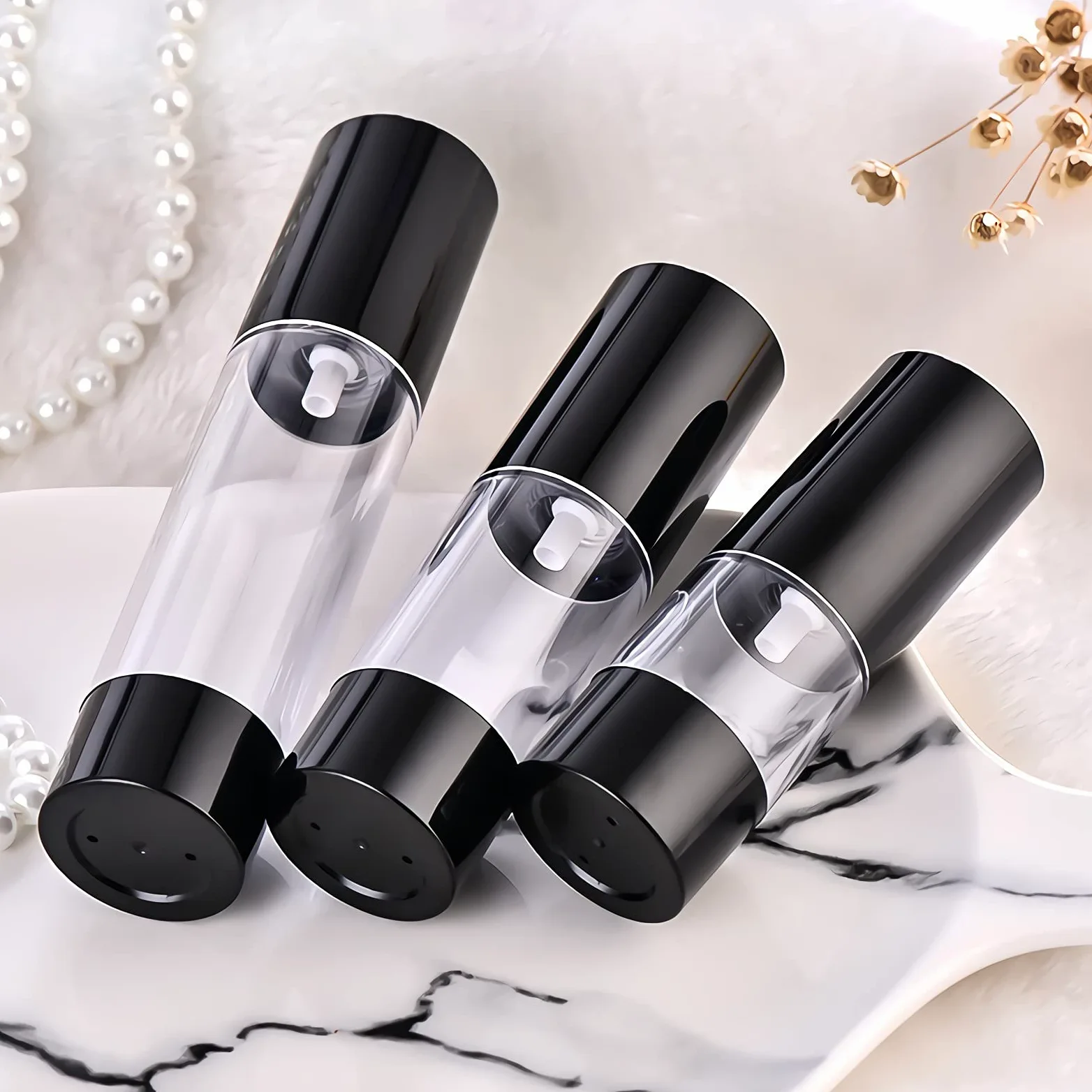 TIANZD 12 Pezzi 30 ml Plastica Bottiglie Airless Dosatori per Cosmetici, Nero Trasparente Bottiglie di Pompa Ricaricabile per Gel Dispenser, Flacone Contenitori per Liquidi Viaggio con Siringa