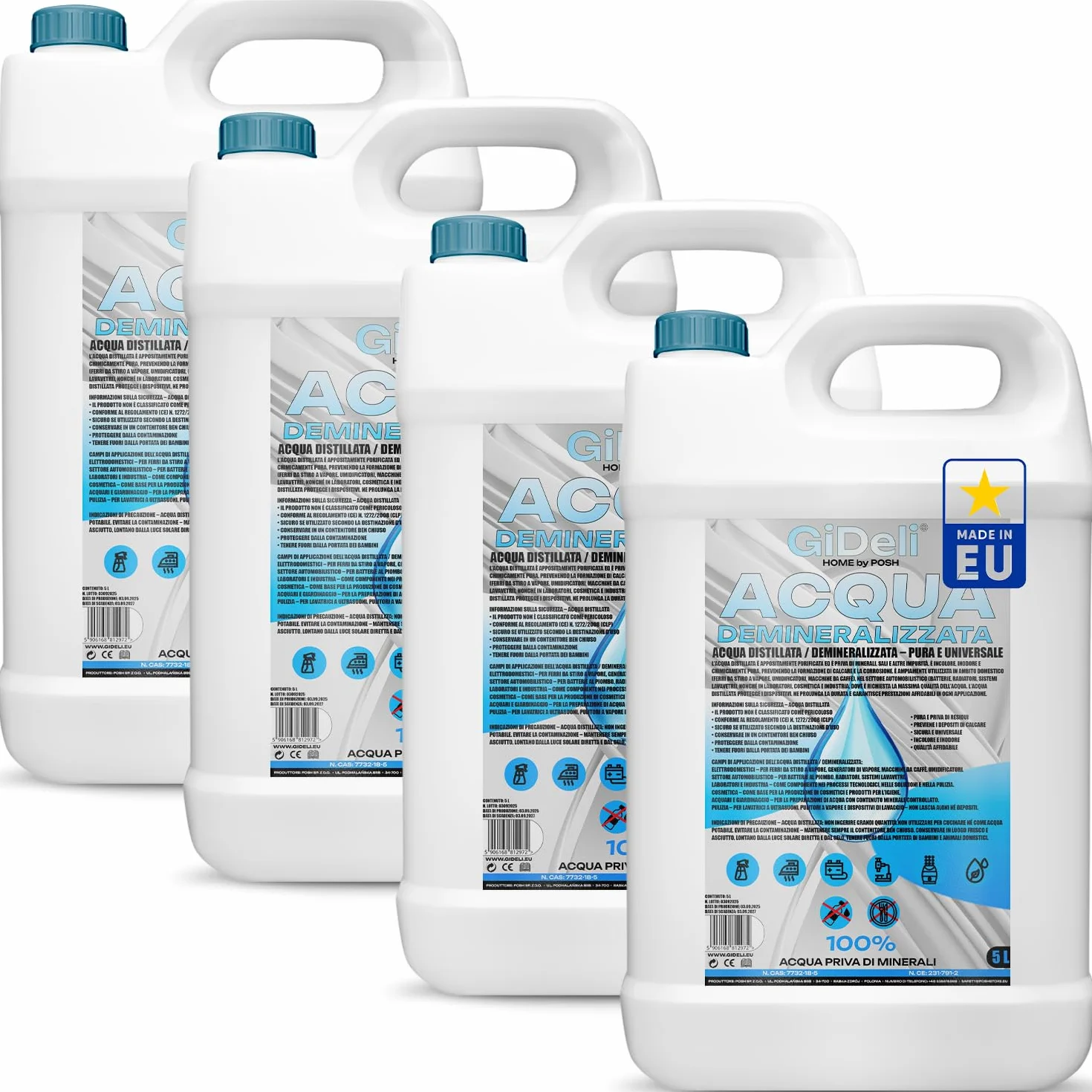 GiDeli Acqua demineralizzata 4 x 5 l acqua distillata per ferro da stiro, batterie, refrigeratore, umidificatore, acquario e laboratorio acqua senza calcare, inodore, trasparente