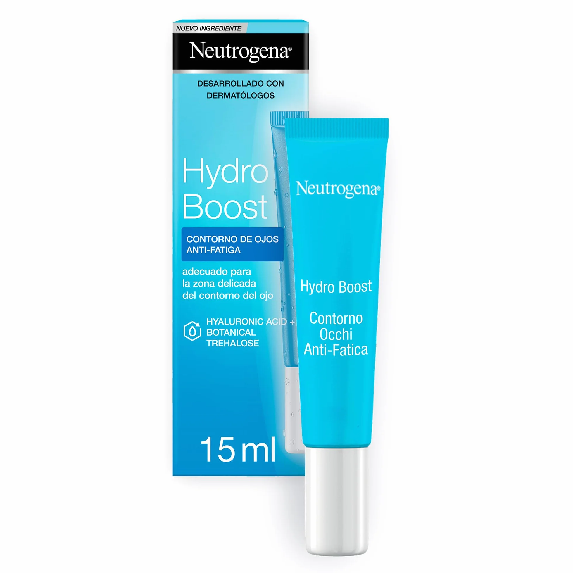 Neutrogena Hydro Boost Contorno Occhi Anti-Fatica, Contorno occhi idratante con Acido Ialuronico e Vitamina E, Aiuta ad attenuare i segni della stanchezza e le occhiaie, 15 ml