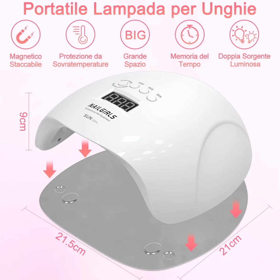 NAILGIRLS Lampada UV per Unghie 150W Portatile Asciuga Smalto LED 4 Modalità Timer Display LCD
