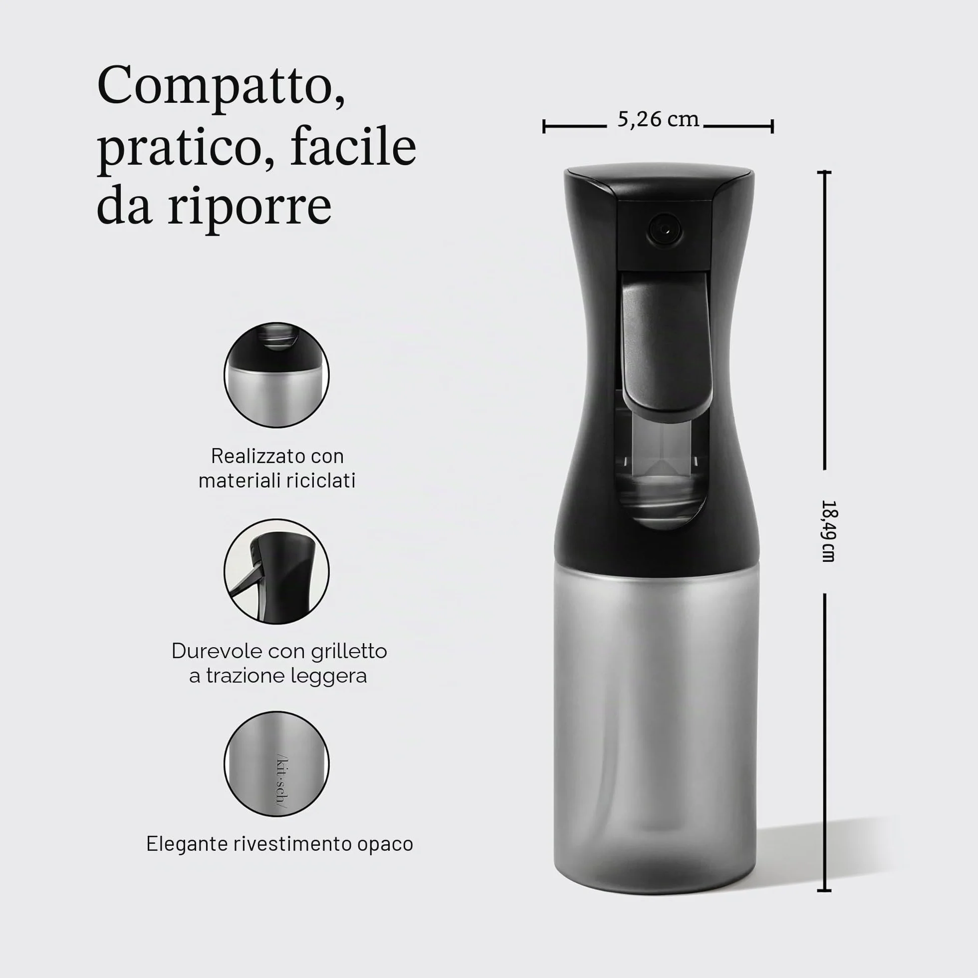 Kitsch Flacone spray continuo per capelli – Nebulizzatore d'acqua a nebbia fine – Flacone spray per capelli riciclato – Flaconi spray per pulizia, styling, piante e altro – Nero, 150 ml