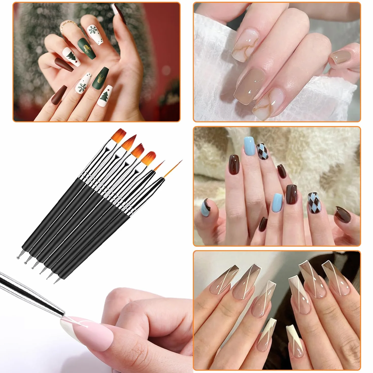 Pennelli Unghie Gel Doppia Punta Nail Art 6 Pezzi con Punteggiatura per DIY Decorazioni Nero