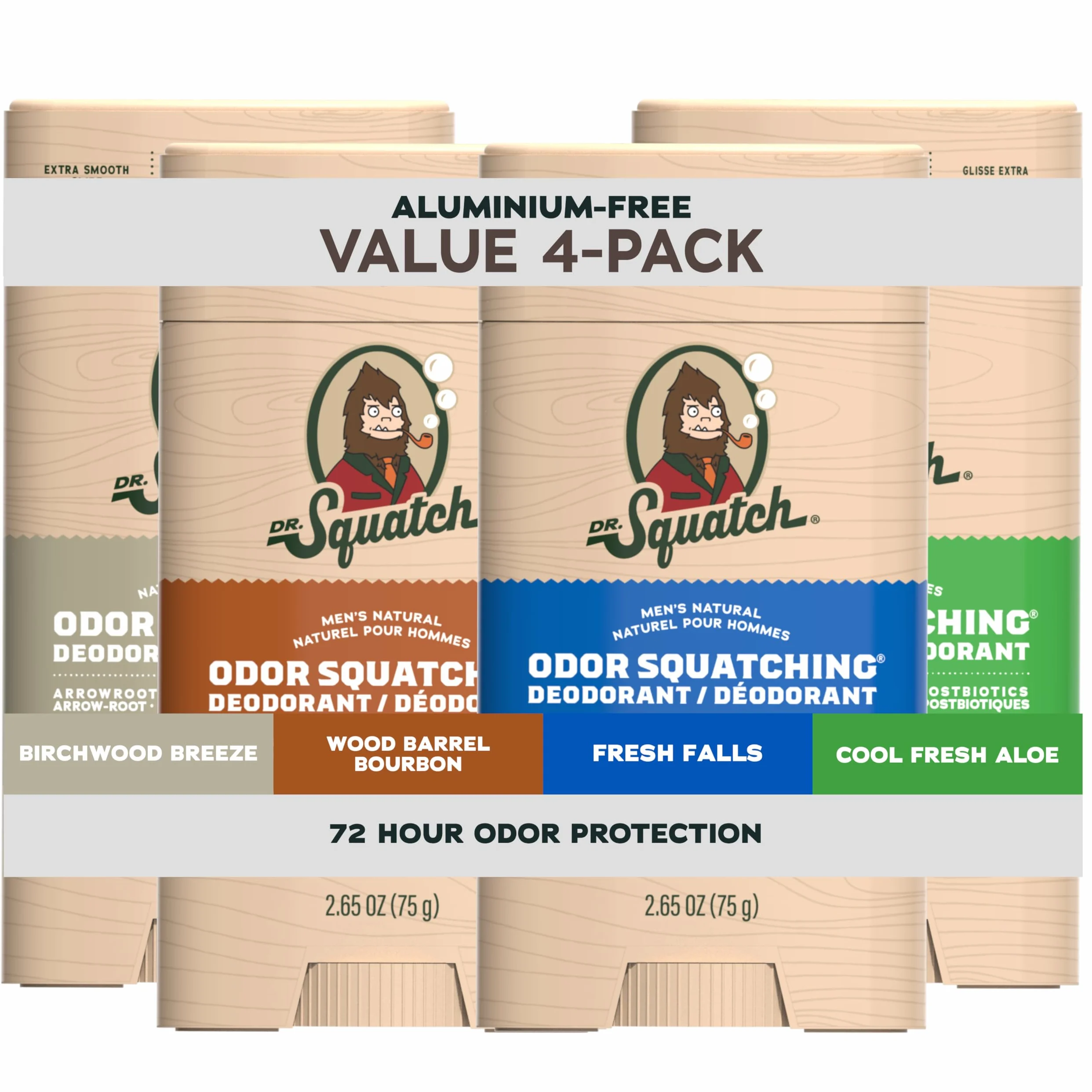 Dr. Squatch Deodorante naturale per uomo - per uomo antiodore senza alluminio - Birchwood Breeze, Cool Fresh Aloe, Fresh Falls, Wood Barrel Bourbon (confezione da 4)