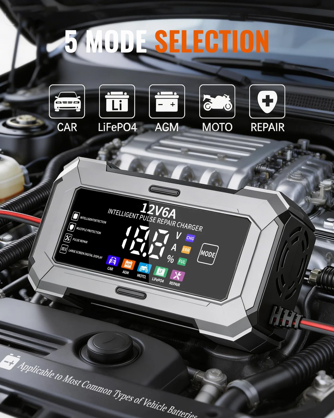 TANYO Caricabatterie Intelligente 12V 6A con Display LCD per Auto Moto AGM LiFePO4
