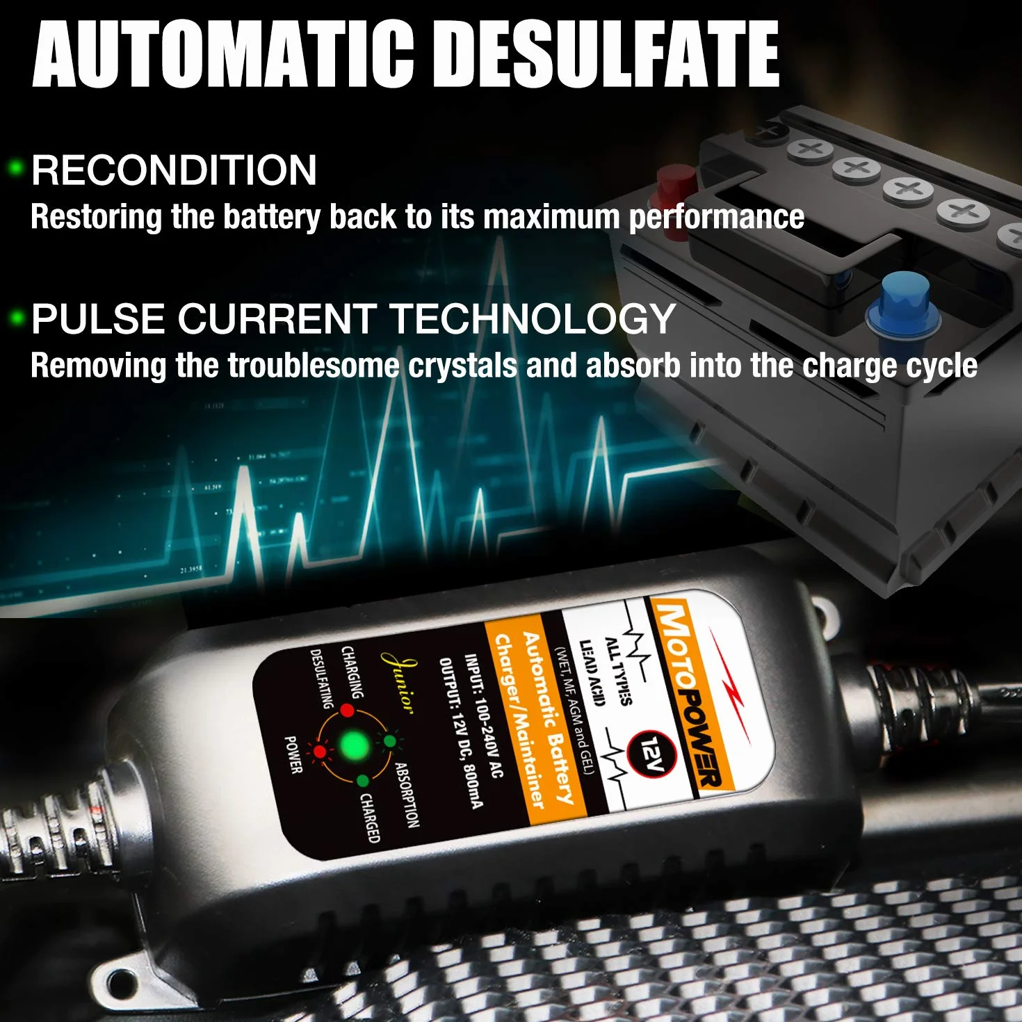 MOTOPOWER MP00205A 12V 800mA Caricabatterie Automatico per Auto Moto ATV