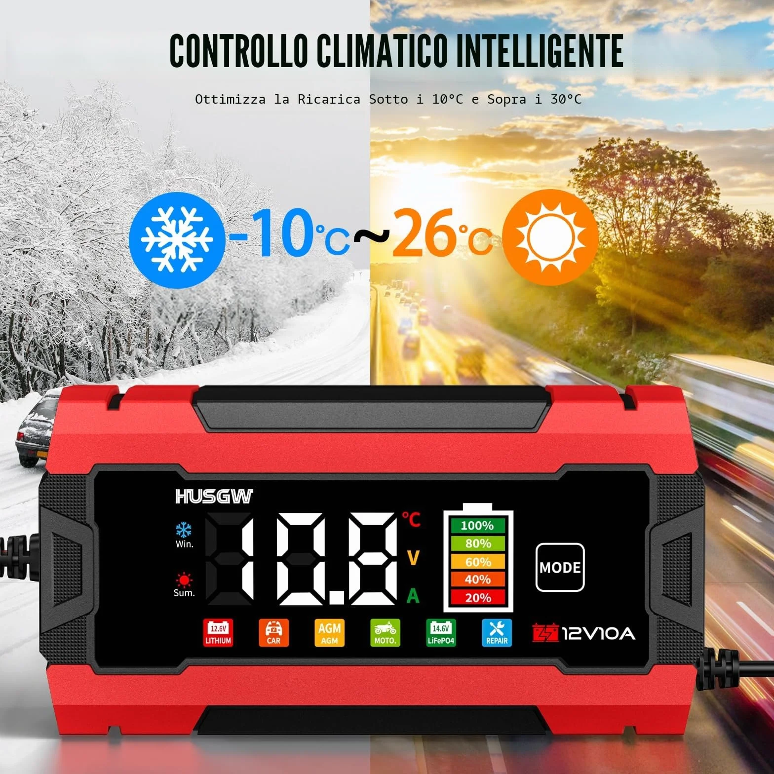 Caricabatterie LiFePO4 12V 10A per Auto Moto AGM GEL Wet SLA Rosso