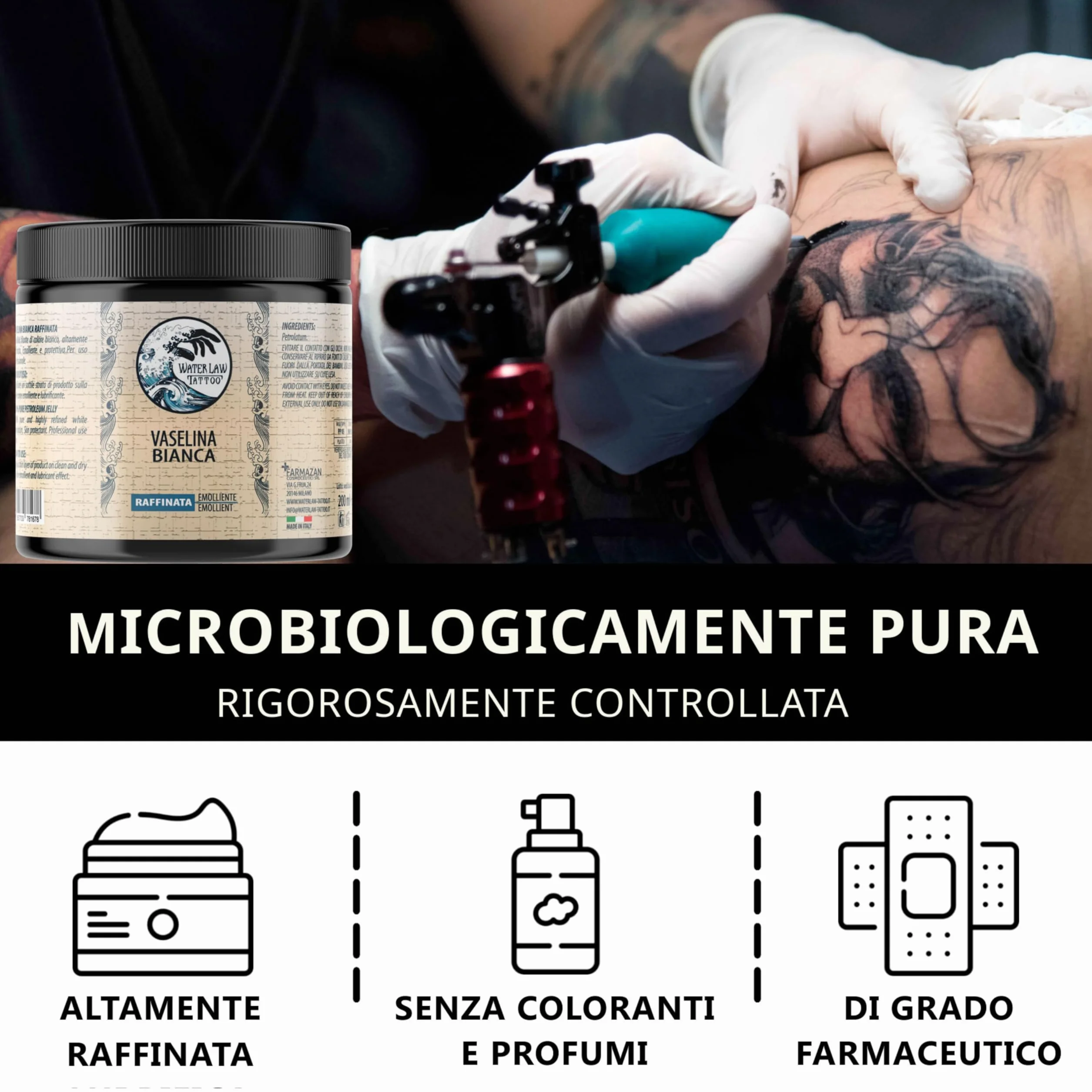 Water Law Tattoo Vaselina Bianca 200ml, Vaselina Pura Altamente Raffinata, Vaselina Tattoo Professionale, Emolliente, Lubrificante, Protettiva, Senza Profumi o Coloranti, Made in Italy