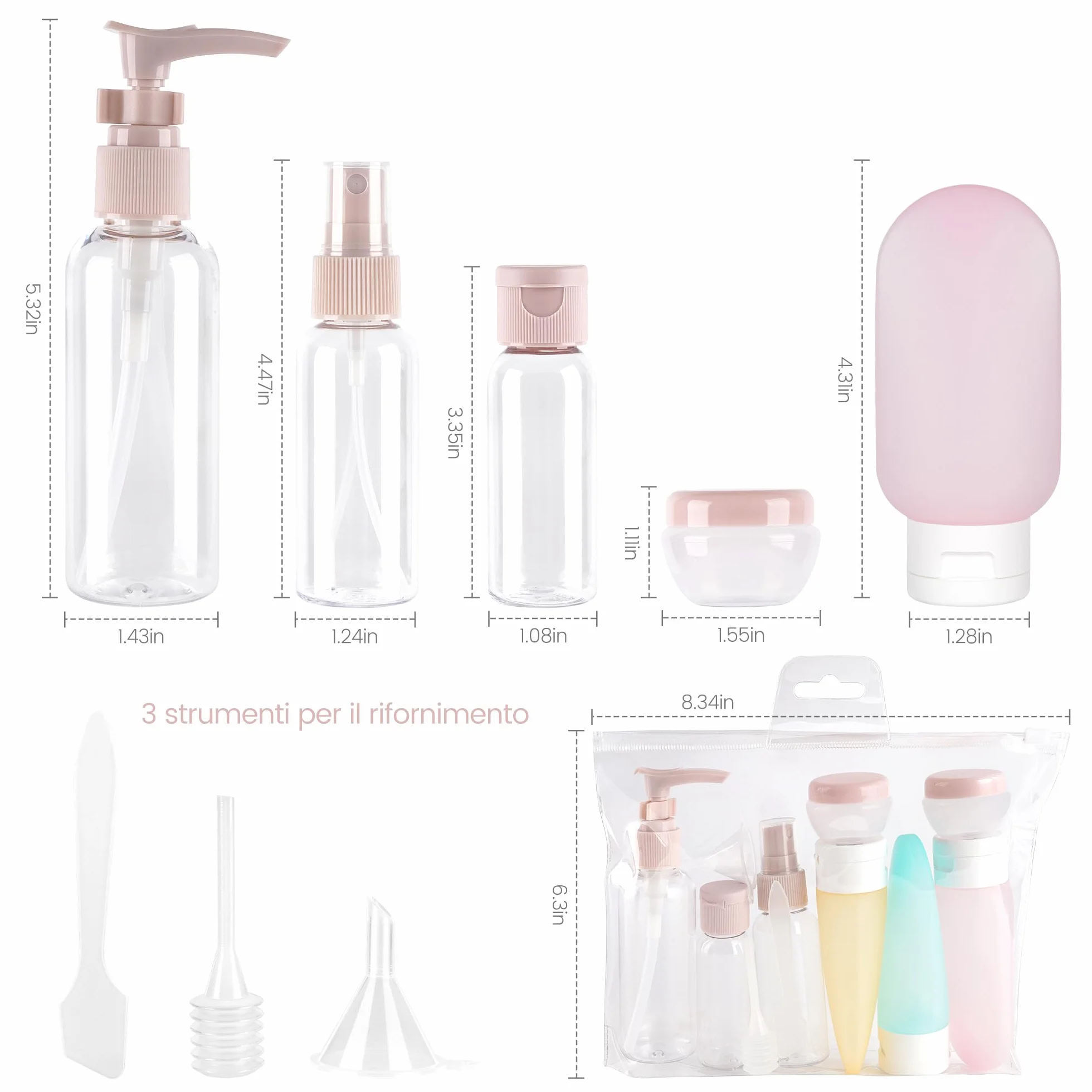 Set di 11 kit viaggio liquidi, contenitori da viaggio 30/50/60/80 ML, flaconi spray trasparenti, set regalo donna