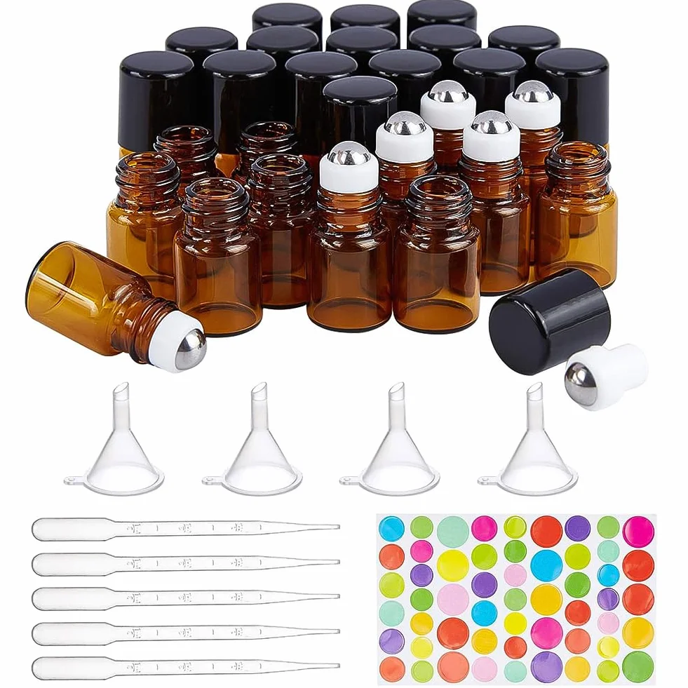 BENECREAT 30 Pack 2ml Flacone con Rullo in Vetro Ambrato con Tappo Nero con 4PCS tramogge, 1PCS Apriscatole, 10PCS 3ml Contagocce 1 Foglio Adesivo per Profumo per Aromaterapia