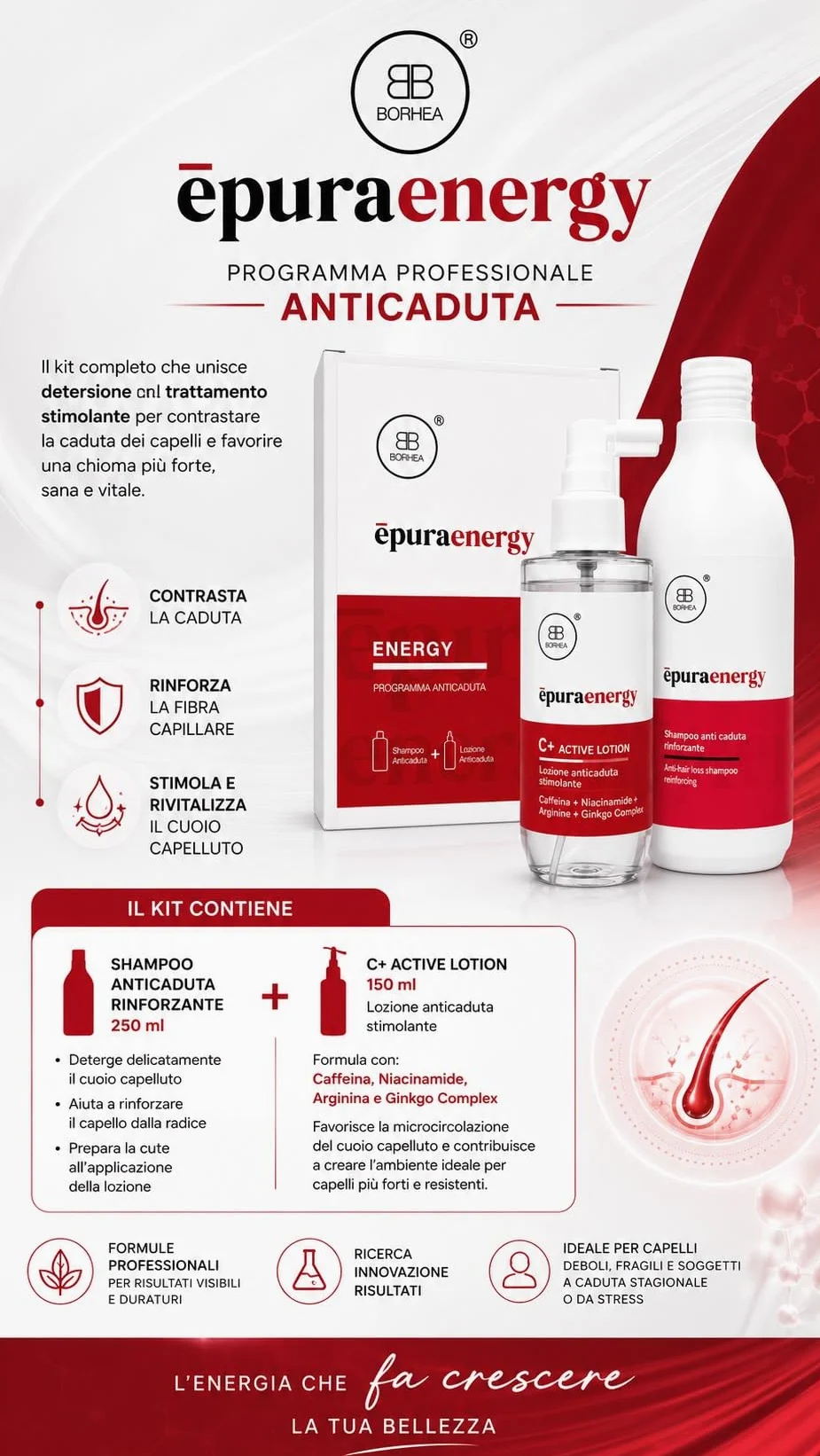 ÉPURA ENERGY Kit Anticaduta Capelli – Shampoo Rinforzante 250ml + Lozione C+ Active 150ml | Caffeina, Ginkgo, Cheratina, Niacinamide, Arginina | Uomo e Donna | Trattamento 2 Step Professionale