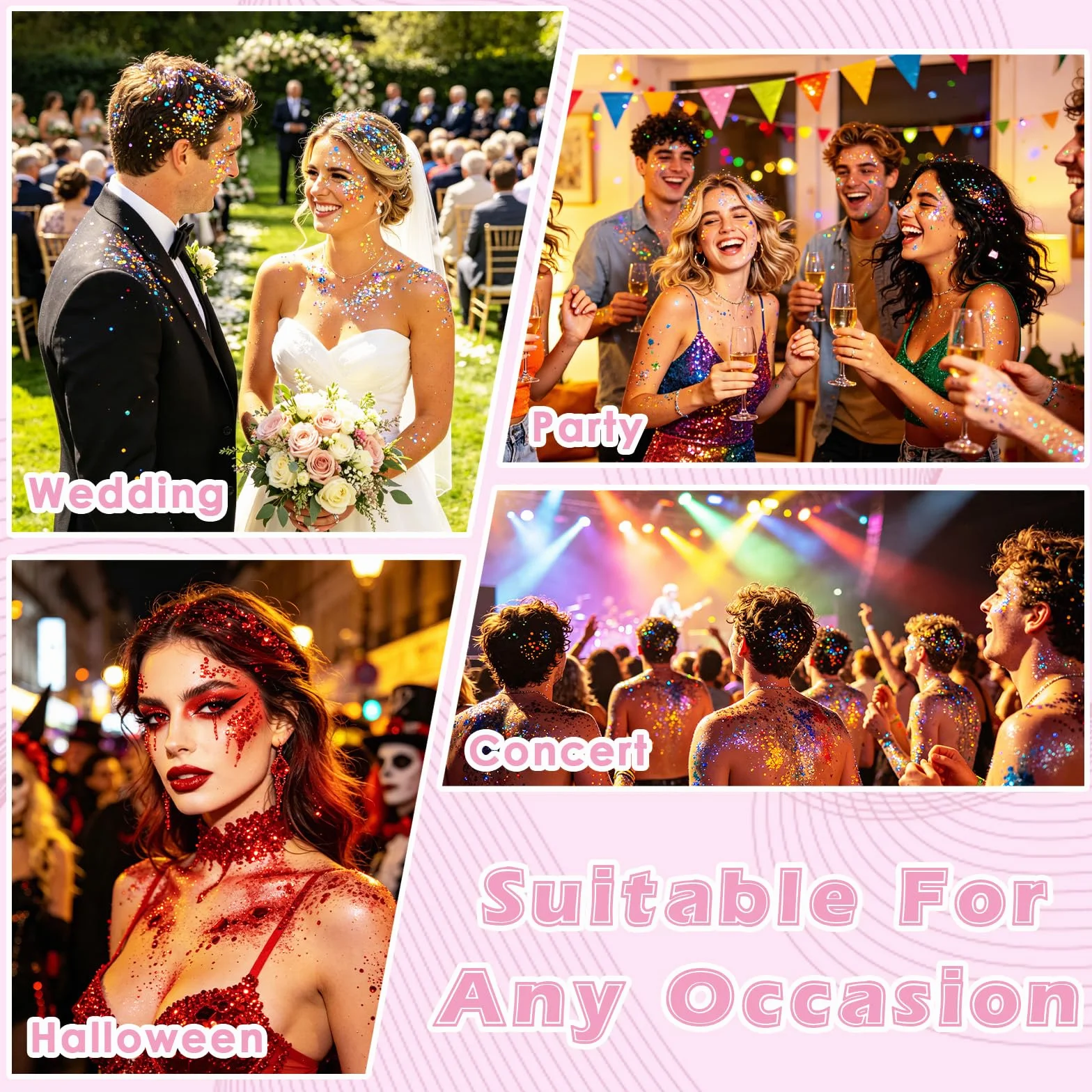 Glitter Viso Make up in Gel 12 colori Glitter per Corpo e Capelli Autoadesivo con Scintillii, Impermeabile 1 Fogli Adesivi con Strass per Trucco Professionale per Trucco Festival