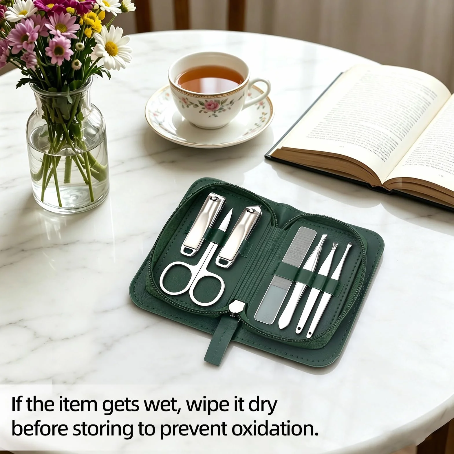 Kit Manicure 7 Pezzi Verde Giada con Astuccio – Forbici Unghie, Tagliaunghie, Lima Vetro