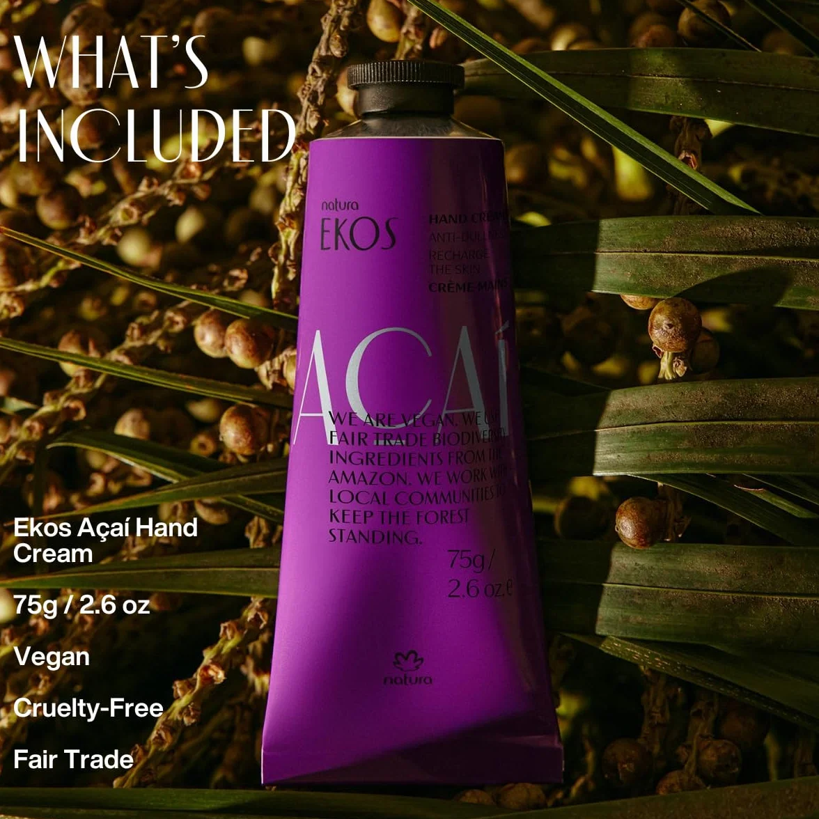 NATURA - Crema per le Mani Açai Natura Ekos - Comfort e Idratazione - Per Cuticole e Mani Secche, Danneggiate e Screpolate - Assorbimento Rapido - 100% Vegan - Cruelty Free - Tubo da 75 g