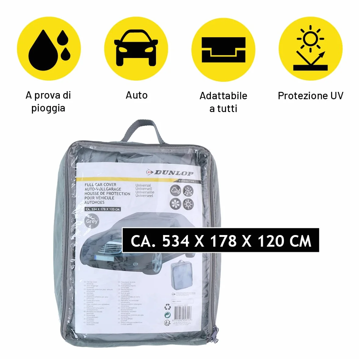 Dunlop Copriauto Universale Antigrandine XL 534x178x120 cm Impermeabile Grigio