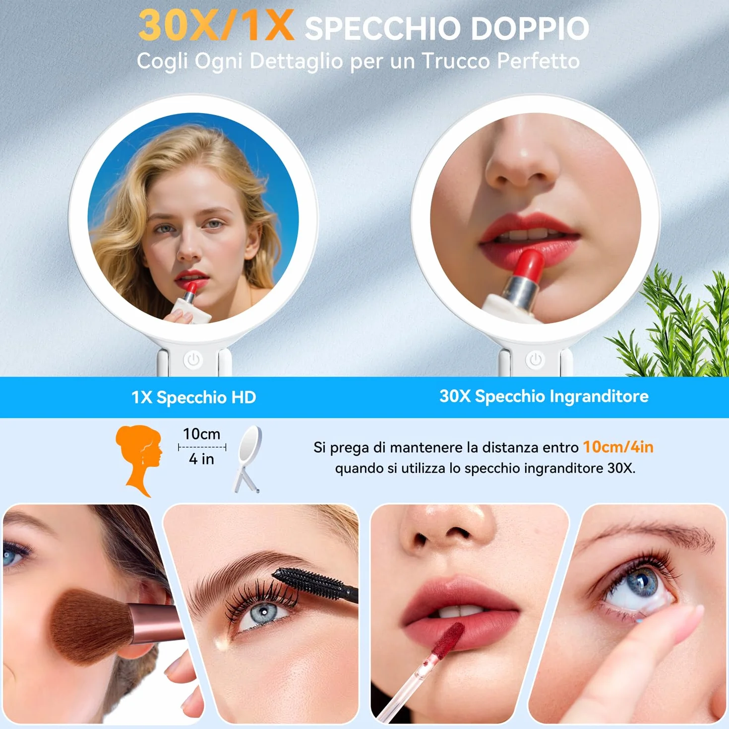 Auxmir Specchio Trucco con Luci LED 30X/1X Ingranditore Bifacciale 3 Colori Regolabile Pieghevole da Tavolo Ricaricabile Portatile