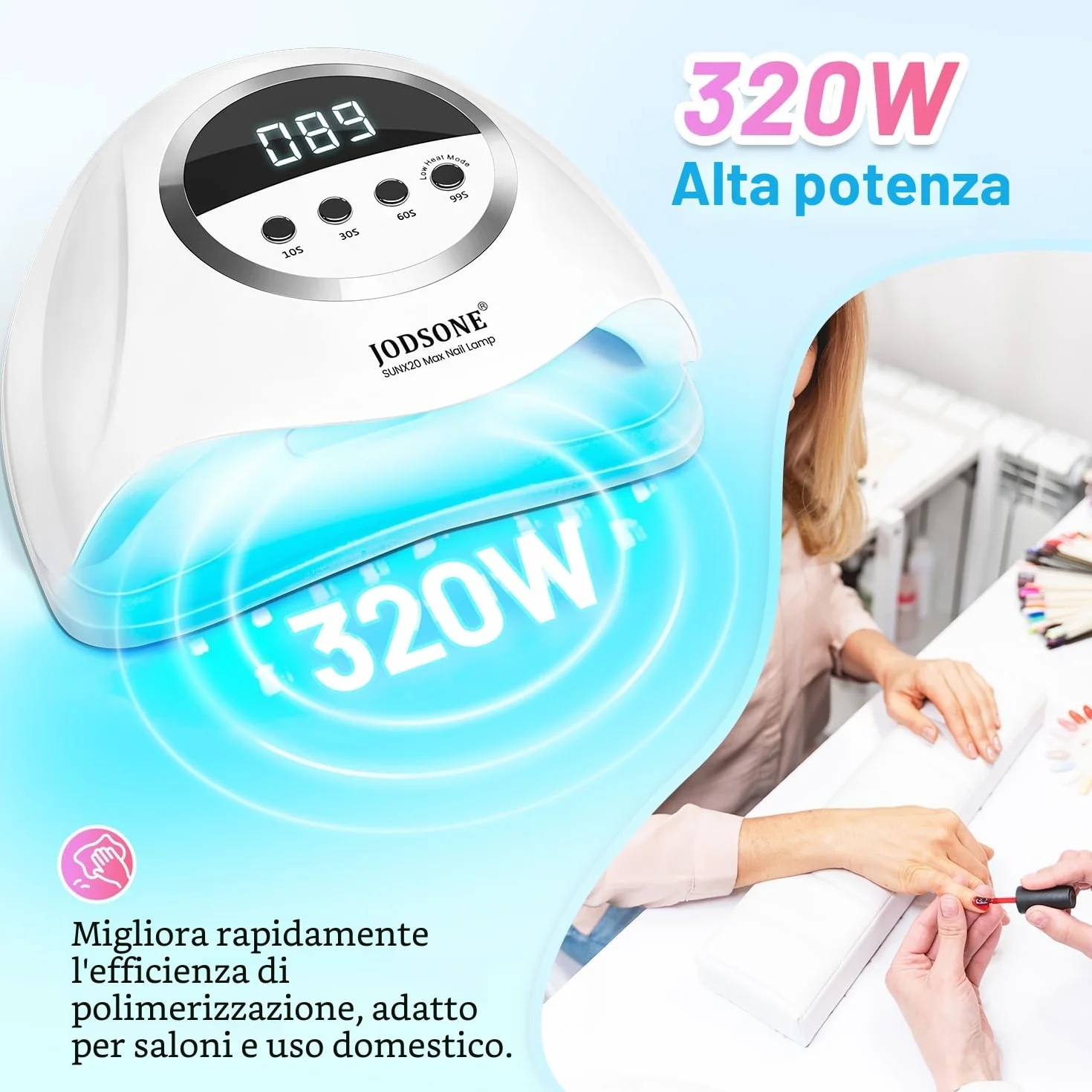 JODSONE X20 Lampada UV LED Unghie 320W 72 LED 4 Timer 10/30/60/99S Sensore di Movimento Base Staccabile