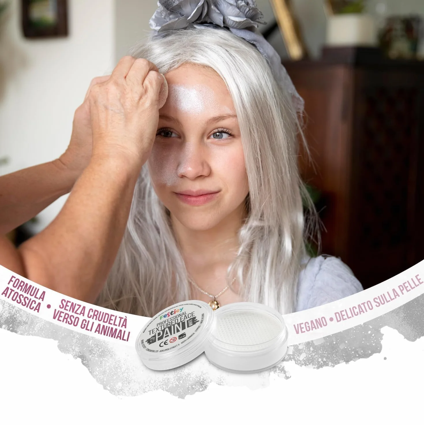 Festicy Premium Pittura per viso I 20g colori per il viso e corpo ed una spugna I face paint trucchi da viso per travestimenti, per Carnevale e Halloween, truccabimbi per bambini ed adulti (Bianco)