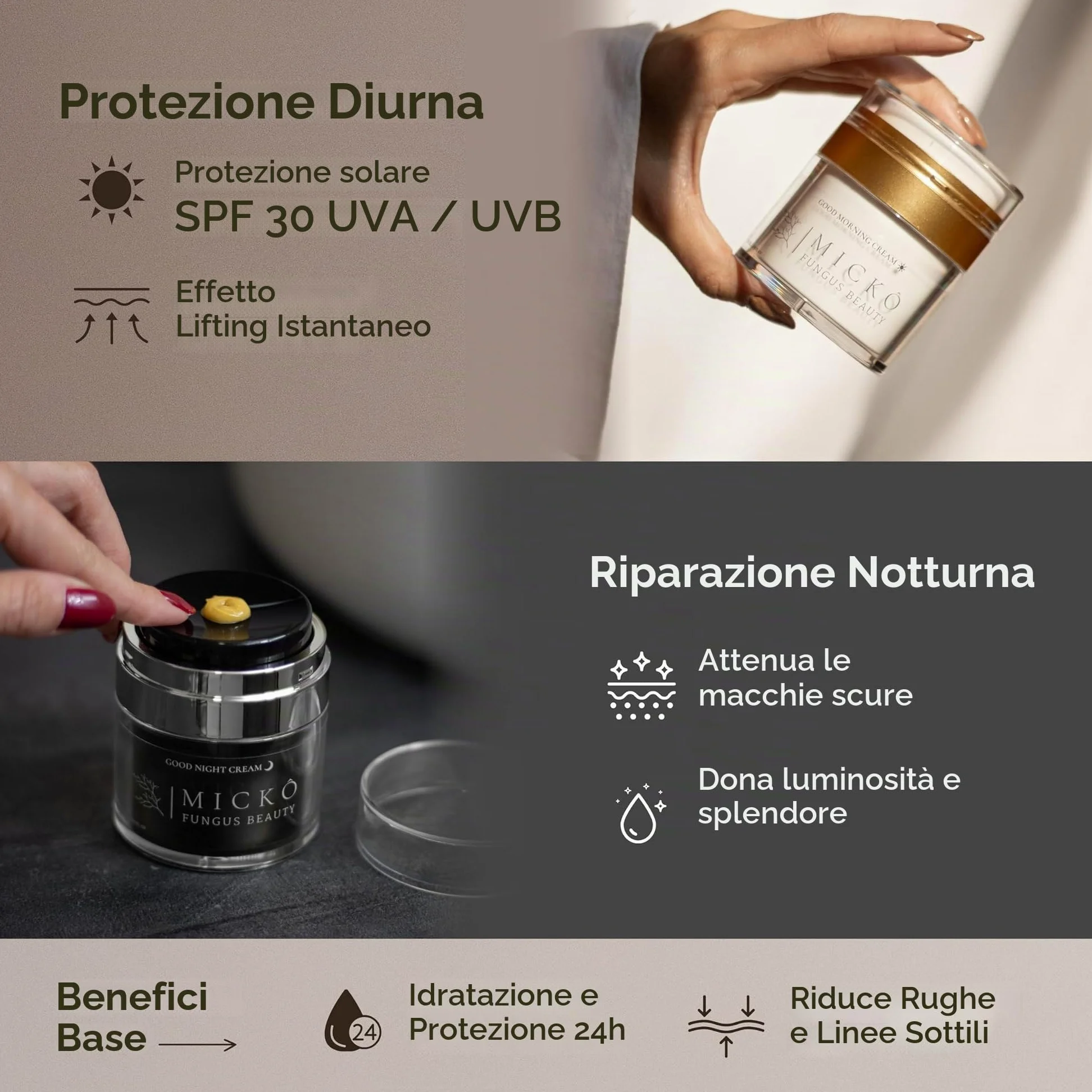MICKÔ Set Creme Viso Donna e Uomo, Crema Giorno Idratante con Niacinamide, Bakuchiol e Vitamina C, SPF30, Crema Giorno Antirughe Coreana, Crema Notte al Retinolo per Macchie, Confezione 50ml