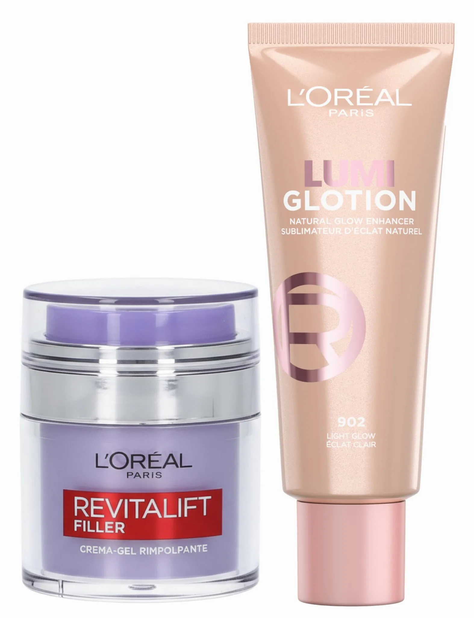 L'Oréal Paris Lumi Glotion Illuminante Liquido Illumina e Idrata Viso e Corpo Tonalità 902 Light Glow da 40ml + Revitalift Filler Crema Gel Viso Rimpolpante con Acido Ialuronico da 50ml