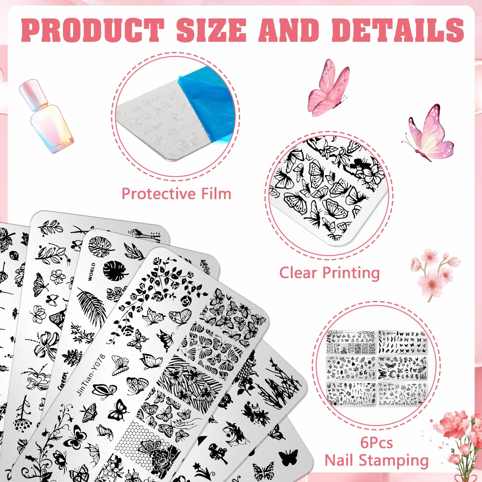 JSRQT 6 Pezzi Piastre per Nail Art, Farfalla Fiore Piuma Foglie Set di Nail Art Stamping Stampini, Piastre per Nail Art in Metallo, Modelli di Stencil per Unghie per Donne Manicure Art Fai da Te
