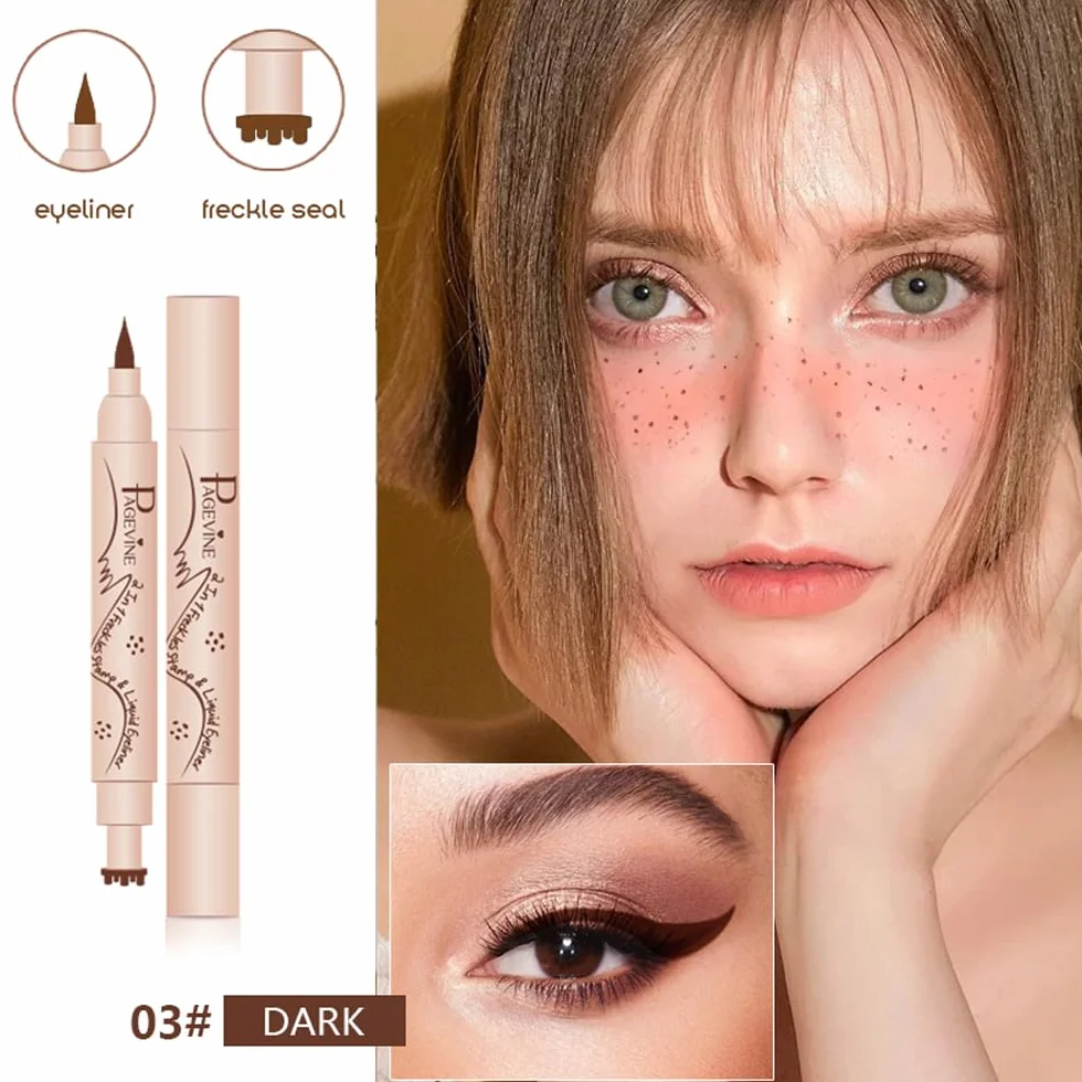2 in 1 Freckle Maker e Eyeliner, Penna per Lentiggini Finte con 6 Punti Irregolari Naturali, Punta Spugna Antisfilamento, Waterproof e 24H, Ideale per Makeup Quotidiano e Festival - 3.0 Scuro