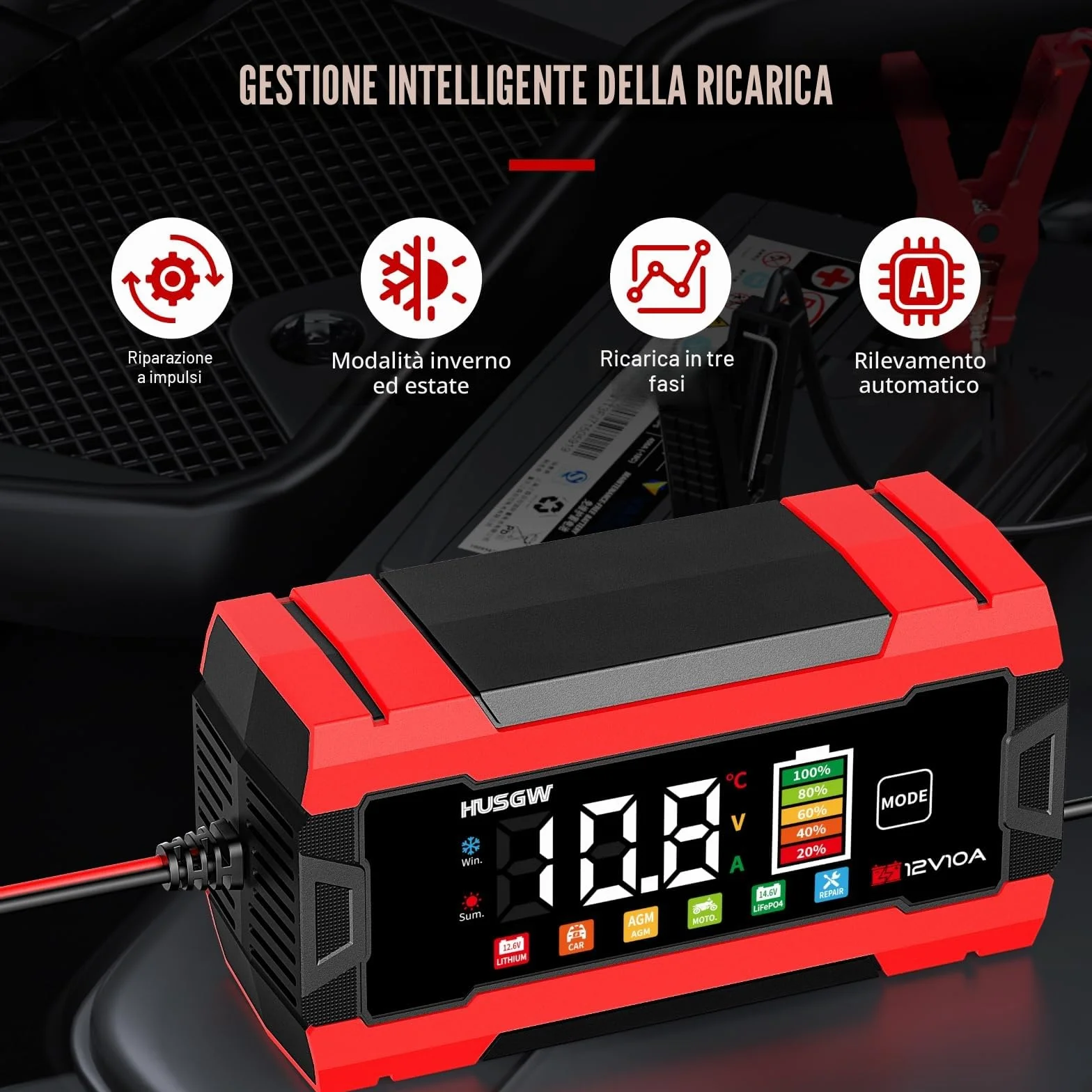 Caricabatterie LiFePO4 12V 10A per Auto Moto AGM GEL Wet SLA Rosso