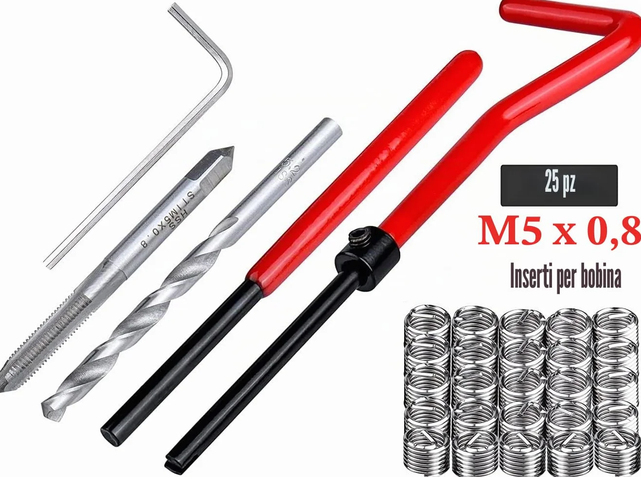 Kit riparazione filettatura M5 x 0,8 mm acciaio inox compatibile Helicoil Coil