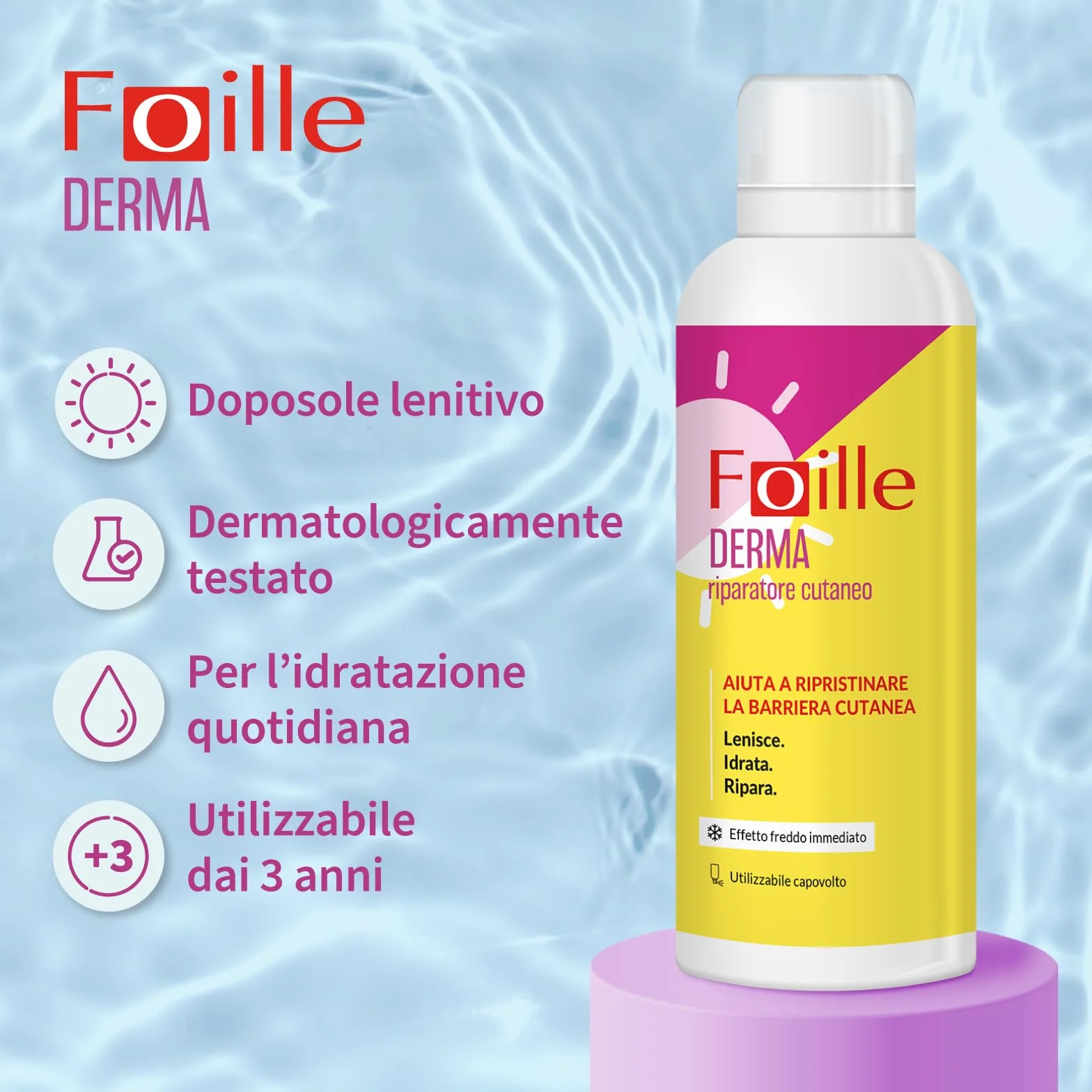 Foille Derma Spray Doposole Lenitivo con Aloe Vera, Pantenolo e Acido Ialuronico, Idratante, 150 ml