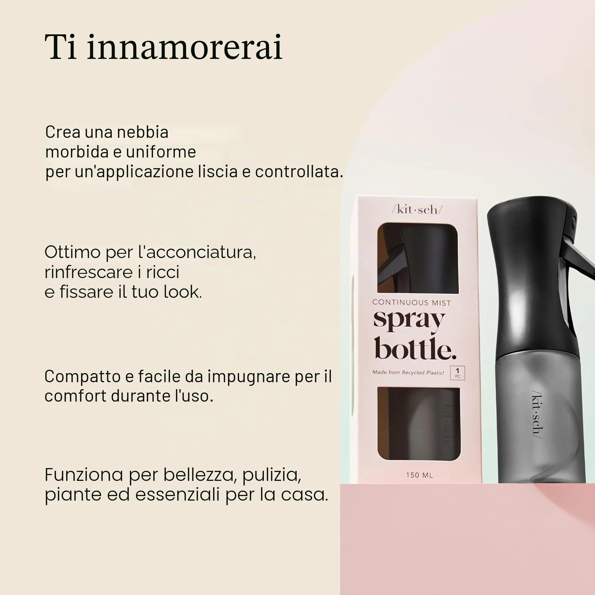 Kitsch Flacone spray continuo per capelli – Nebulizzatore d'acqua a nebbia fine – Flacone spray per capelli riciclato – Flaconi spray per pulizia, styling, piante e altro – Nero, 150 ml