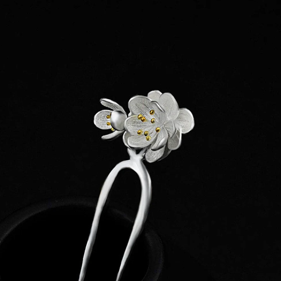 Gioielli per Capelli Cinesi, Bacchette for Capelli retrò a Forma di U in Argento 925 for Donna, 2 forcine for Capelli con Fiori di pesco, Perle Etniche, 2 Punte for Chignon.
