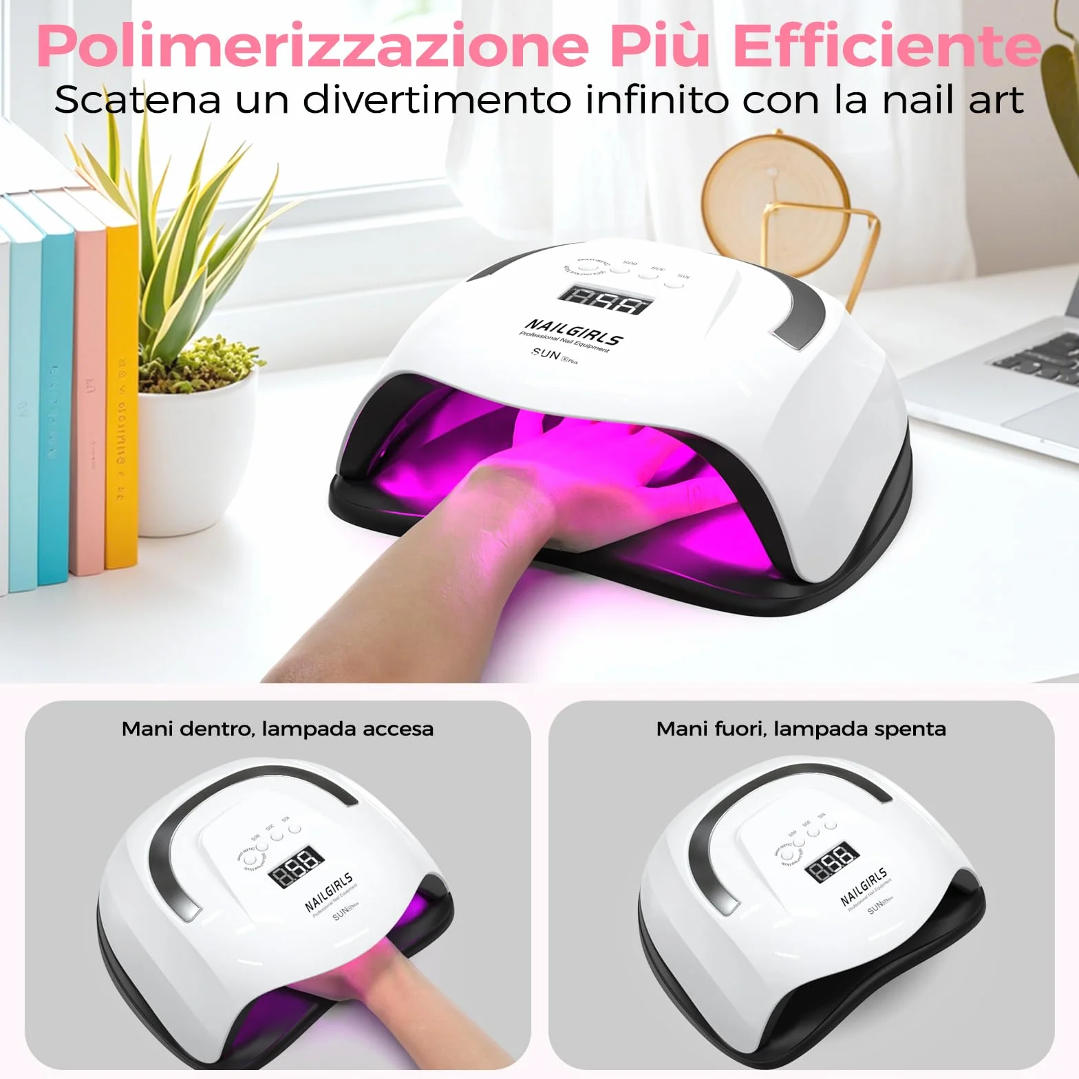 NAILGIRLS Lampada UV per Unghie 268W Portatile Asciuga Smalto LED 4 Modalità Timer Display LCD
