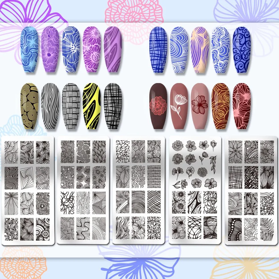 PH PandaHall 5 PZ Modelli per Nail Art con Texture Lineare, 68 Modelli Fiore Nail Stamping Piastra Mix Design Nail Art Stencil per Nail Design Stampa Manicure Salon