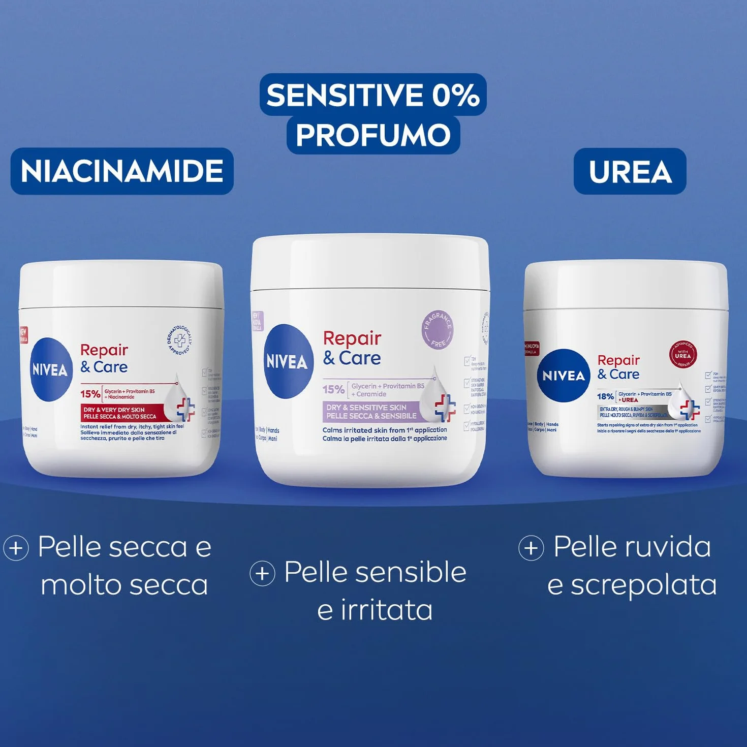 NIVEA Repair & Care Urea 400 ml, Crema corpo idratante pelle secca, molto secca, ruvida e screpolata, Crema multiuso per corpo, viso e mani nutriente 72H con 15% Glicerina e Urea