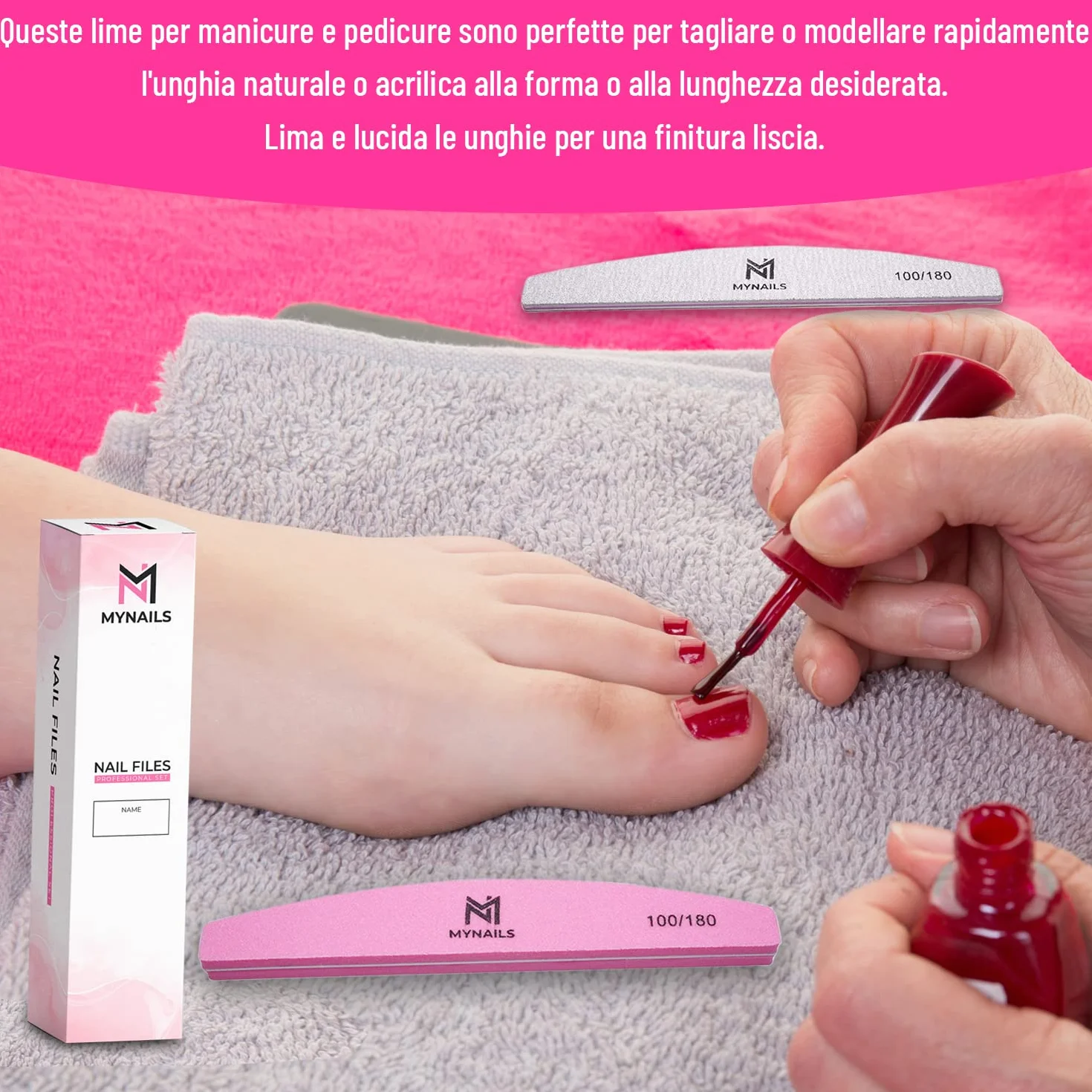 MYNAILS - Lima professionale per unghie, set di 5, 2 lime per unghie mezza luna 100/180, 2 buffer unghie bianche 180/180 e 1 lime per unghie Buffer mezzaluna rosa e bianco 100/180, confezione
