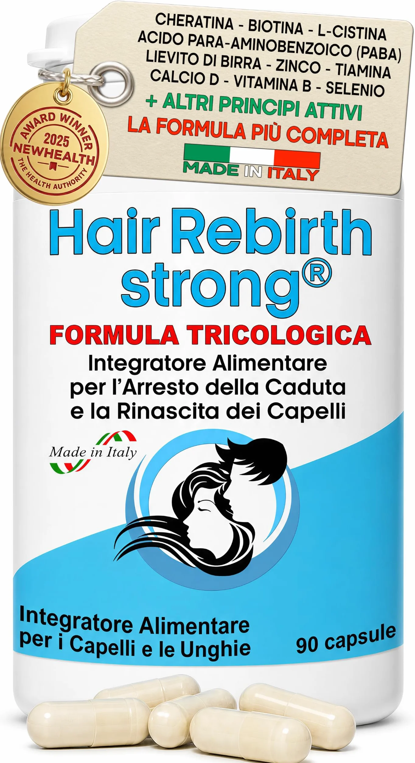 HAIR REBIRTH STRONG * 90 capsule * la Migliore Cura per i Capelli * Nuova Etichetta * Formula Tricologica: Cheratina Biotina Cistina Calcio D Vitamina B * Blocca la Caduta e fa Ricrescere i Capelli