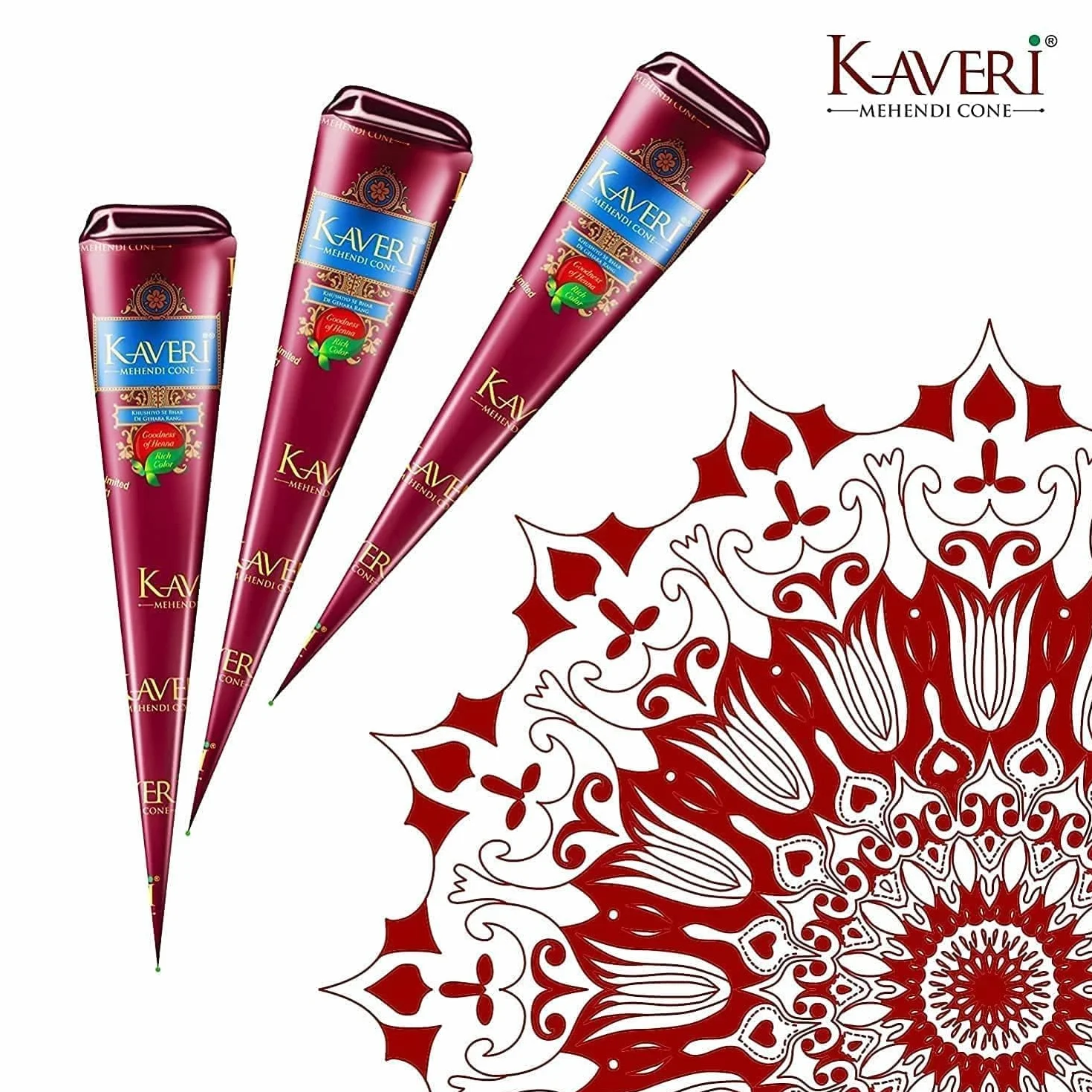 Kaveri Cono Naturale 3 x 25g - Senza PPD & Sostanze Chimiche Lunga Durata | Dermatologicamente Testato Per Decorazioni Creative Facile da Applicare mit Kajal Adesivo