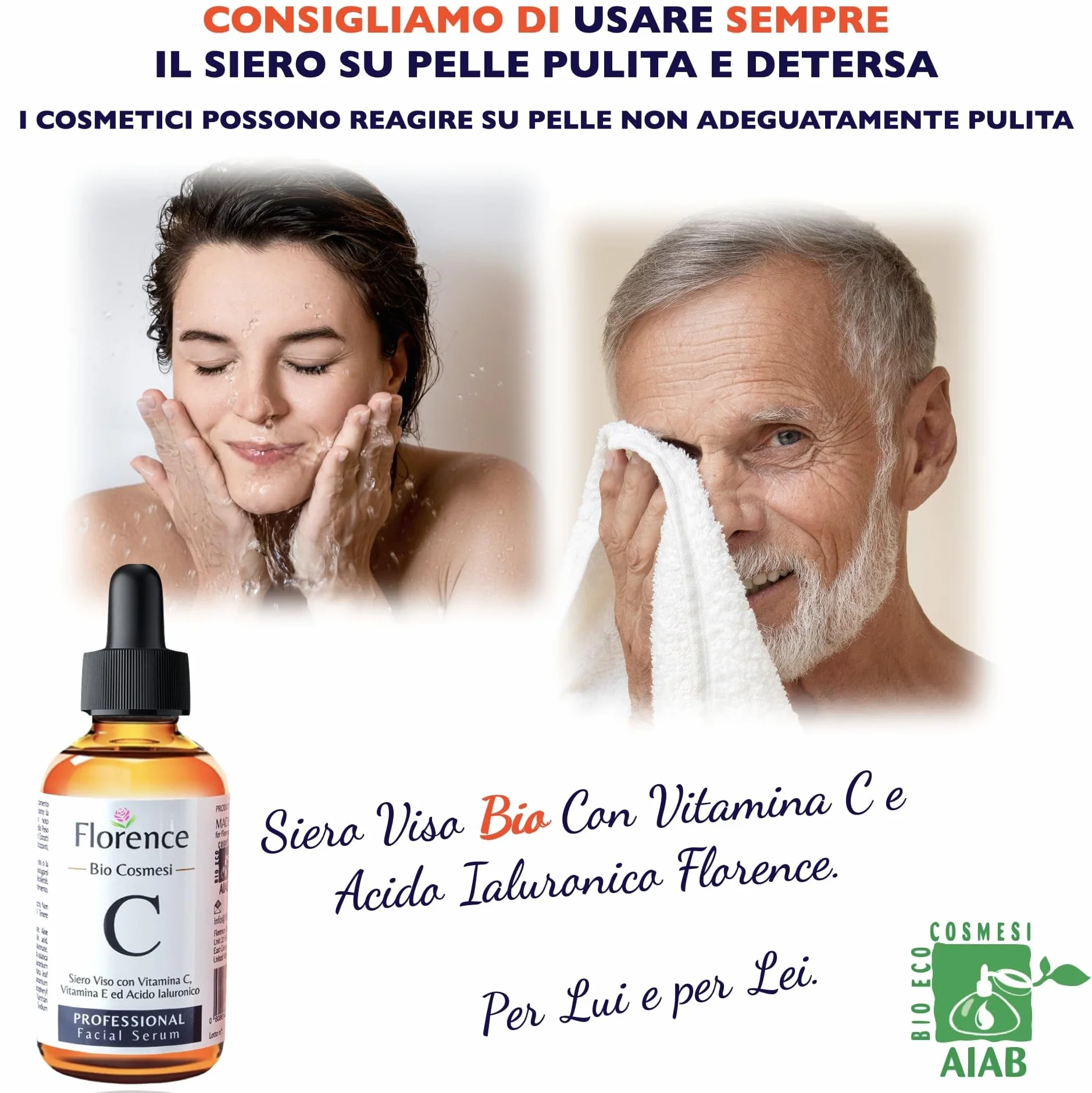 Bio Siero Vitamina C e Vit. E. Siero Viso Acido Ialuronico Antirughe, Antimacchie Illuminante, Antietà, 60ml