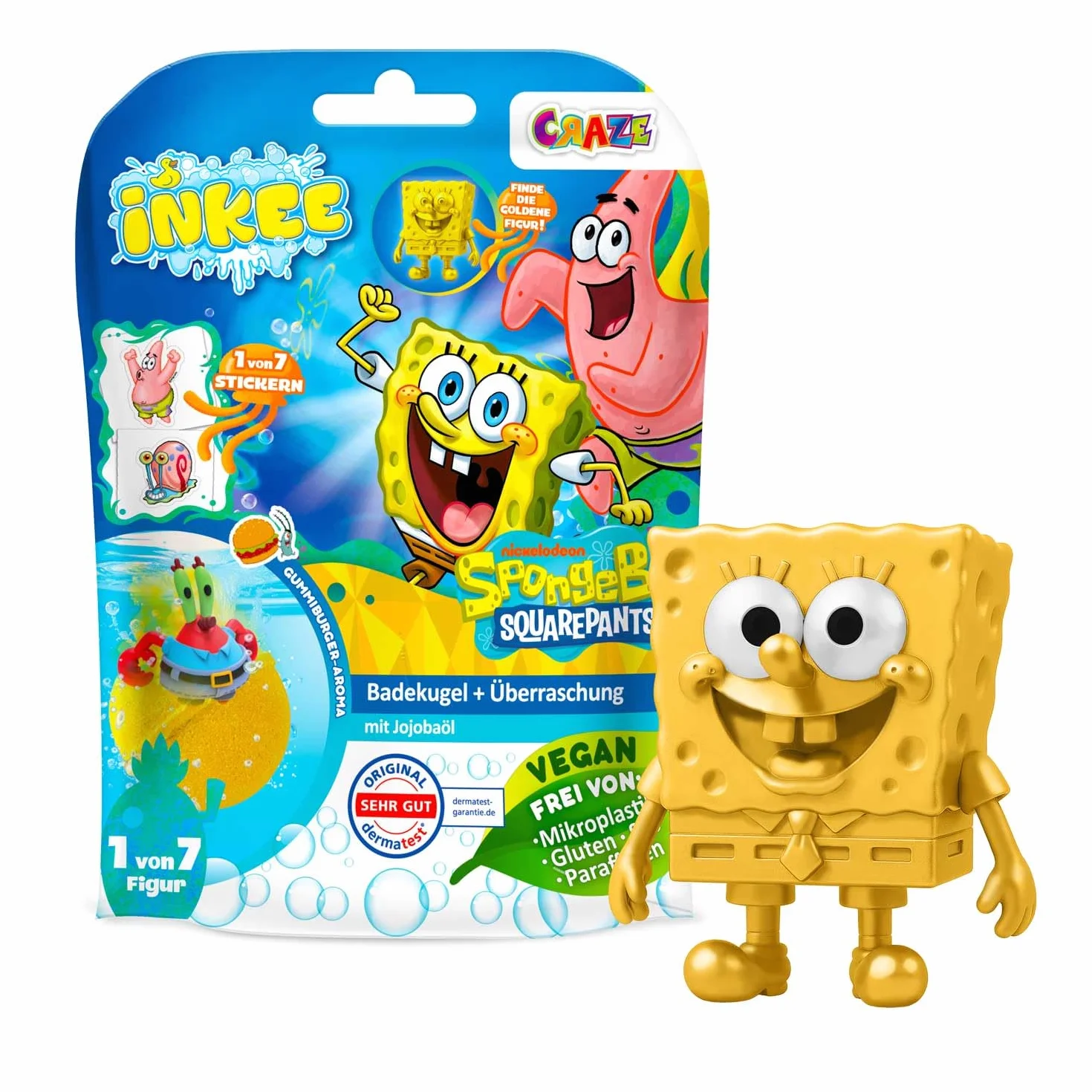 INKEE SpongeBob Bomba da Bagno con Sorpresa - Palla Bagno Bambini con Figura e Tatuaggio, Profumo Anguria, 100g, 7 Figure Collezionabili Edizione Oro