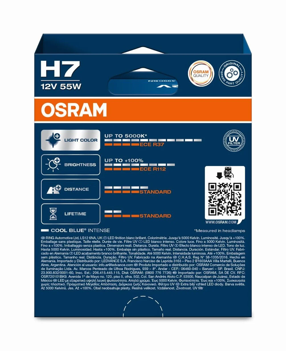 OSRAM COOL BLUE INTENSE H7 +100% luminosità 5000K lampada alogena frontale aspetto LED 2 lampade