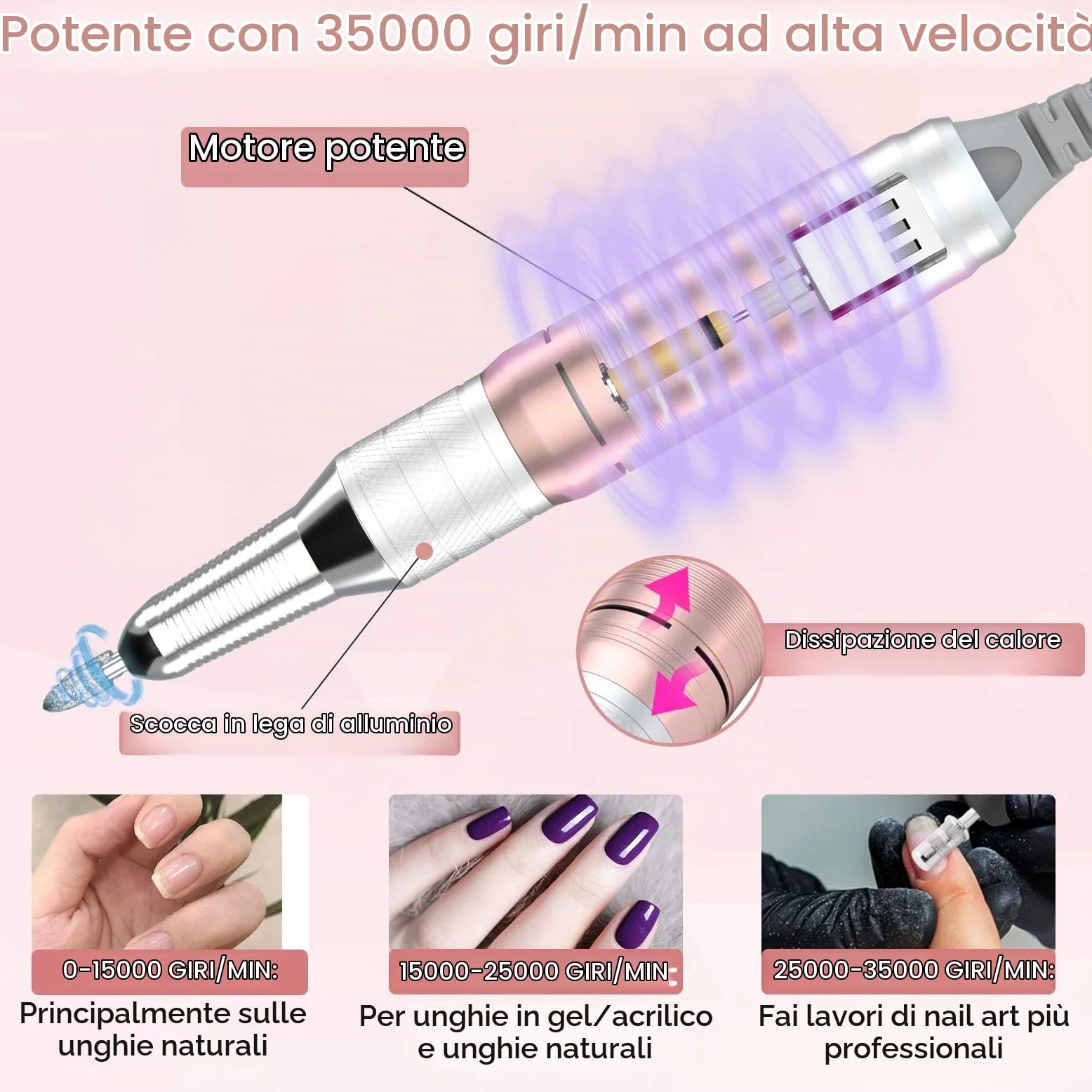 Delanie Fresa per Unghie Professionale, Portatile e Ricaricabile 35000 Giri a Display LCD per Manicure e Pedicure, Trapano Elettrico per Unghie Gel/Smalto Velocità Regolabile Rosa