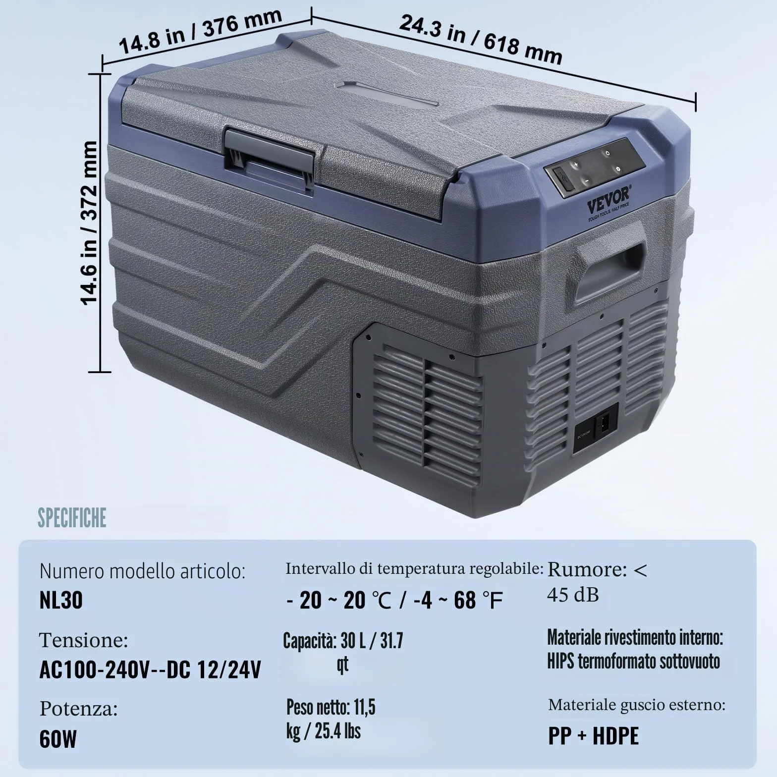 VEVOR Frigorifero per Auto 12V 30L Congelatore Portatile Compressore -20~20℃
