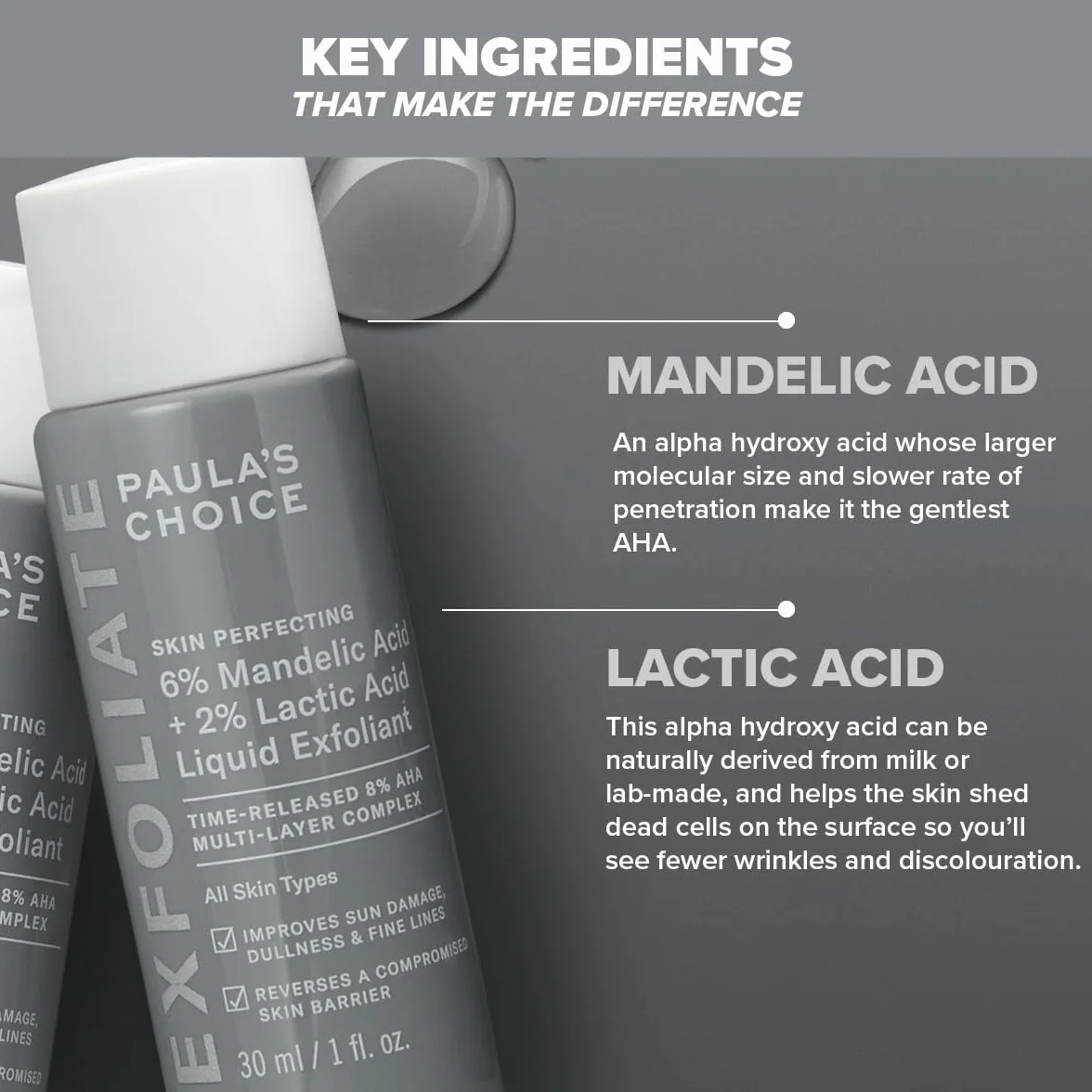 PAULA'S CHOICE SKIN PERFECTING 6% Acido Mandelico + 2% Acido Lattico AHA - Esfoliante Riduce Le Linee Sottili e le Rughe - Tutti i Tipi di Pelle - 30 ml